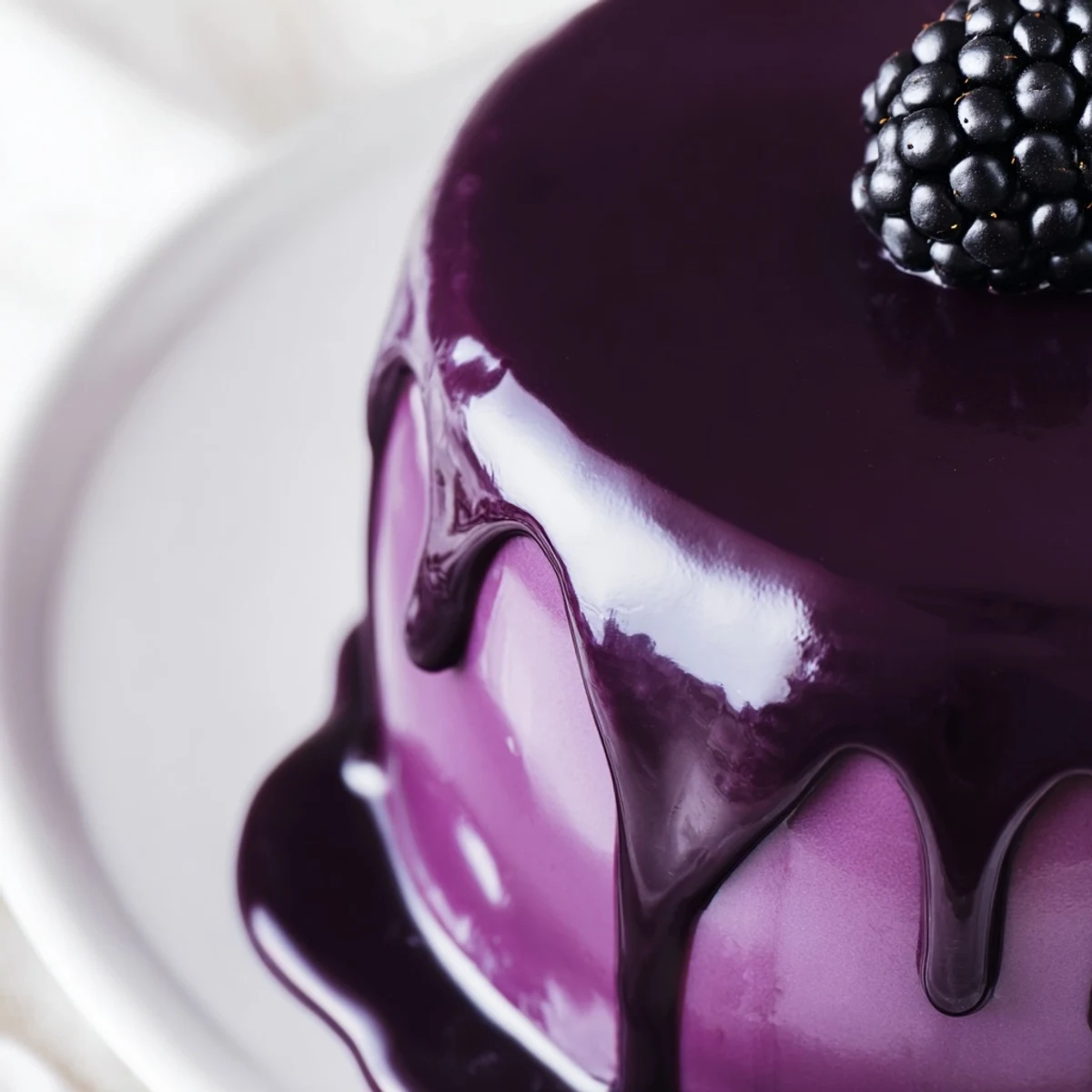 Elegant mini blackberry mousse cakes chilled on serving platter topped with fresh whole blackberries