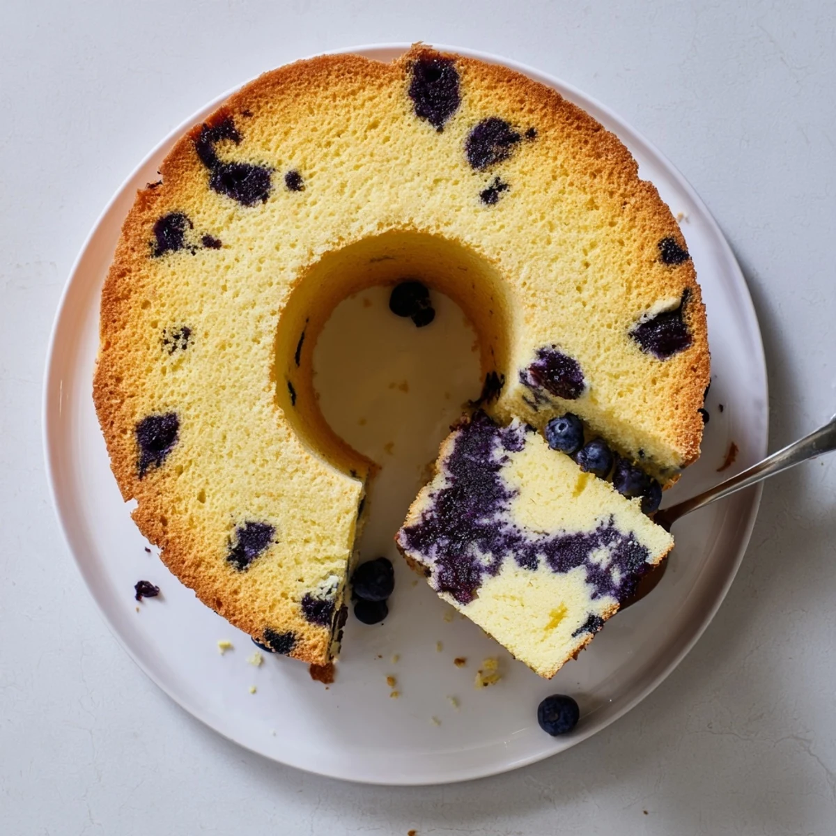 Fluffy blueberry chiffon cake with fresh berries baked into golden airy layers