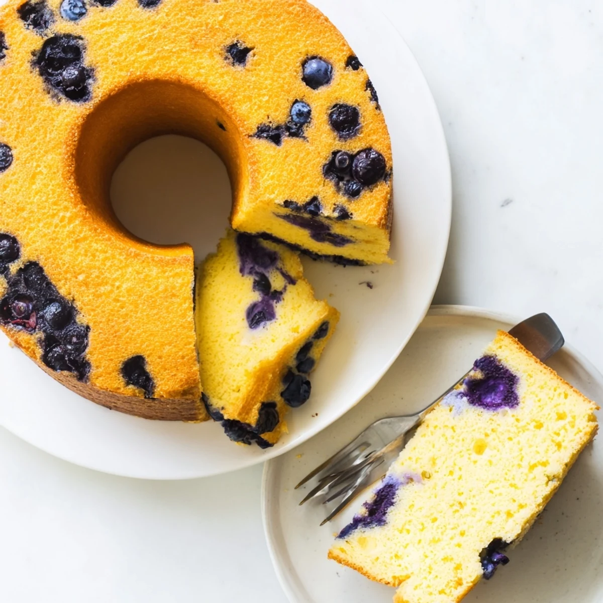 Golden slice of blueberry chiffon cake showcasing its delicate crumb and bursting fruit