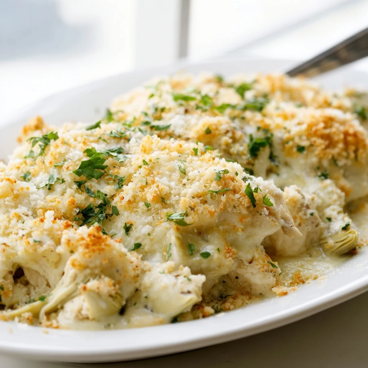 Golden bubbling artichoke chicken bake with tender chicken breasts under cheesy breadcrumb topping