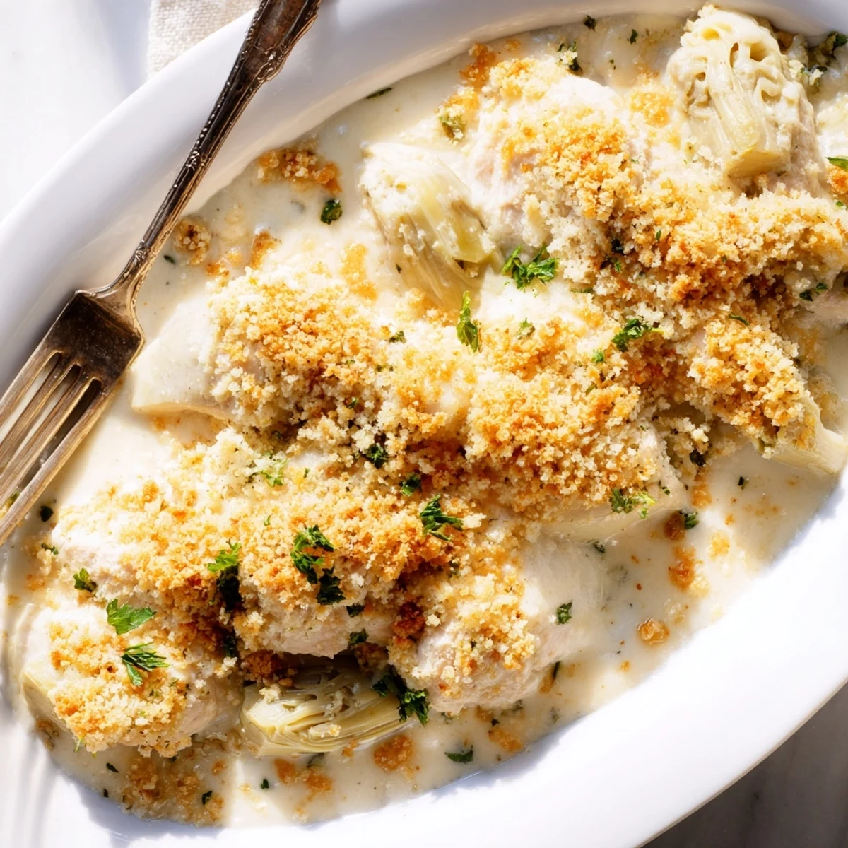 Creamy artichoke chicken bake casserole topped with melted mozzarella and crispy parmesan crust
