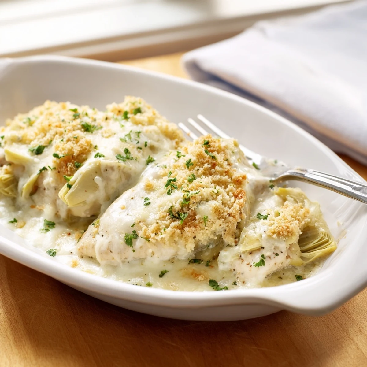 Baked artichoke chicken breasts swimming in tangy creamy sauce with golden brown topping