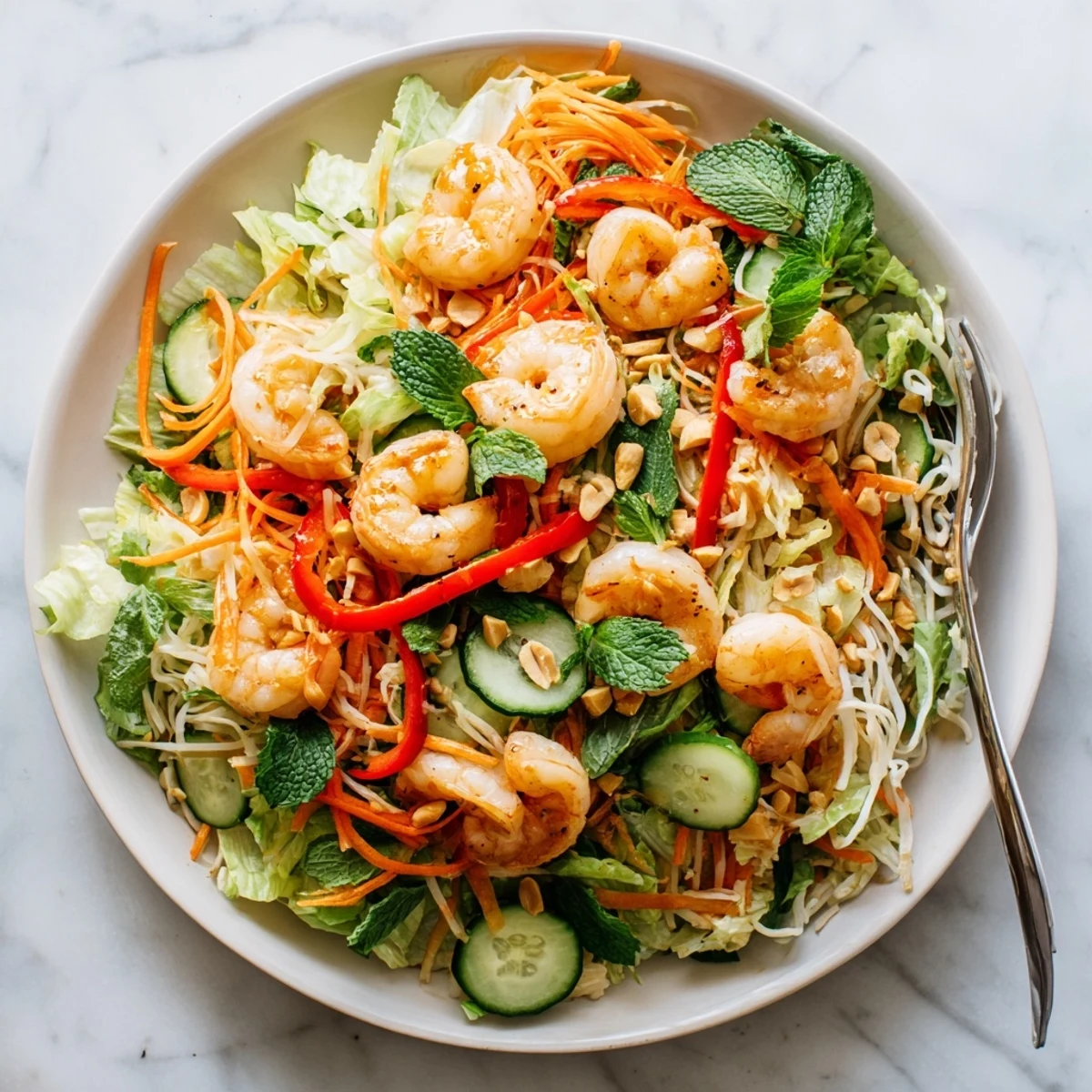 Fresh spring roll salad featuring crisp vegetables rice noodles and zesty spicy ginger dressing
