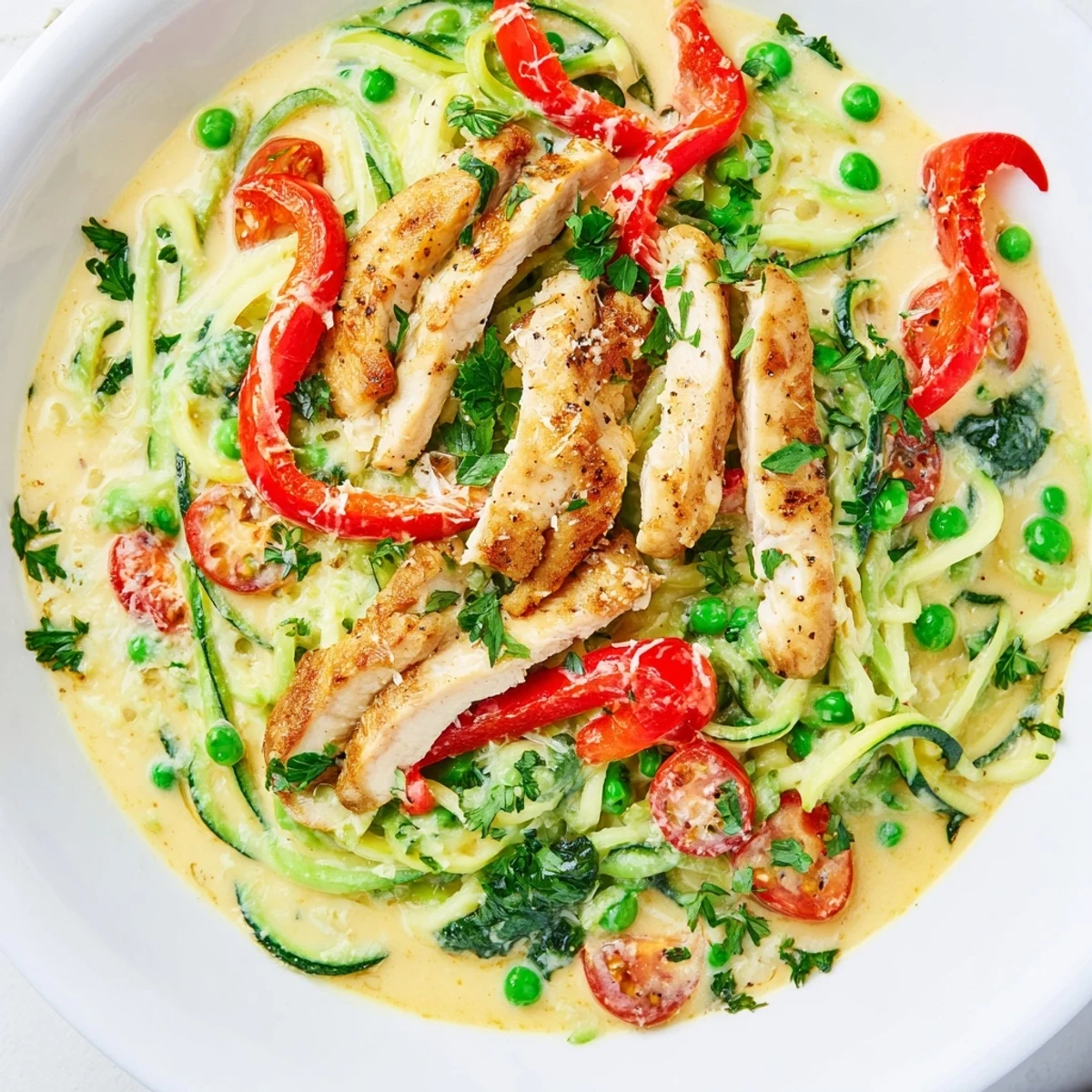 Creamy zucchini noodle chicken Alfredo topped with colorful vegetables and fresh parsley garnish