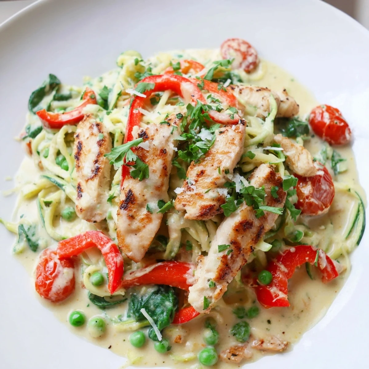 Golden chicken strips served over spiralized zucchini noodles in rich white Parmesan cream sauce