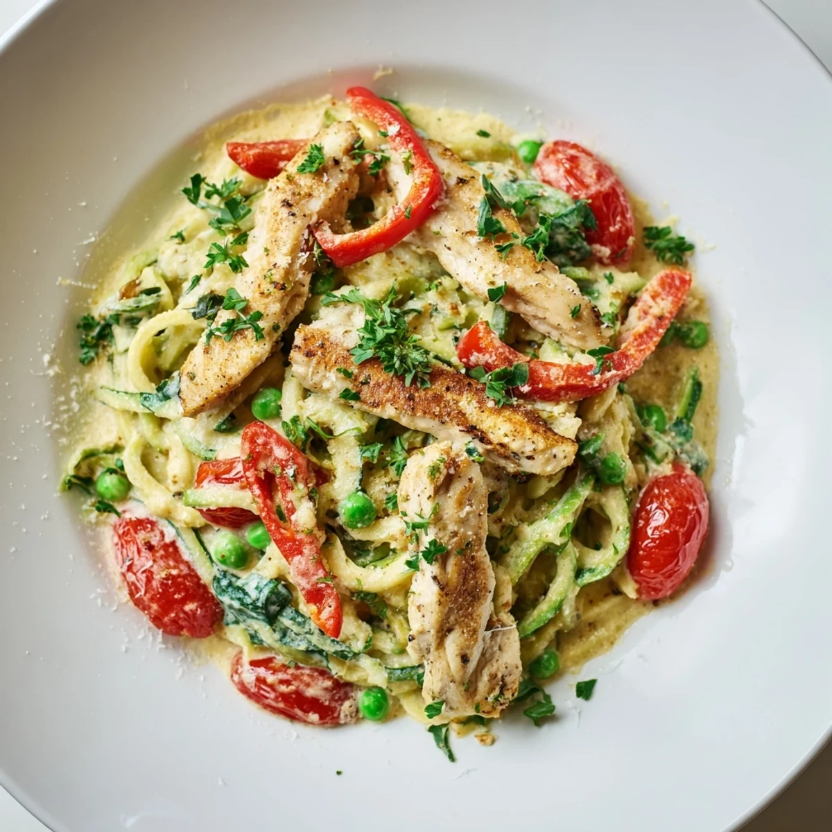 Protein veggie packed zucchini noodle chicken Alfredo featuring cherry tomatoes and baby spinach