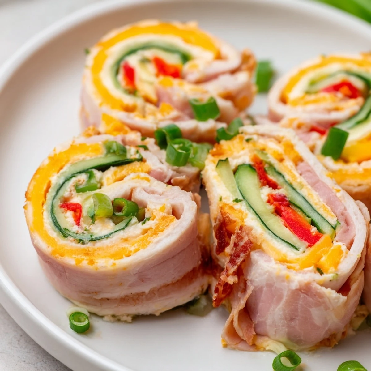Creamy keto ham roll ups filled with cheddar cheese, crisp cucumber strips, and julienned red bell peppers