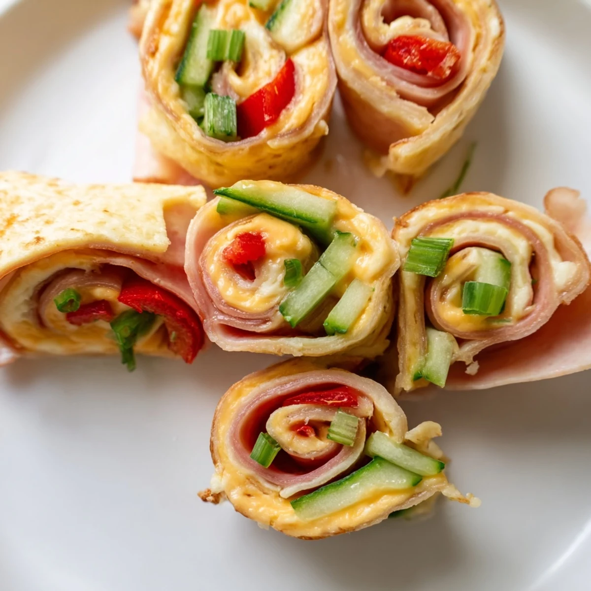 Fresh keto ham roll ups sliced in half, revealing layers of cream cheese, crunchy vegetables, and savory ham