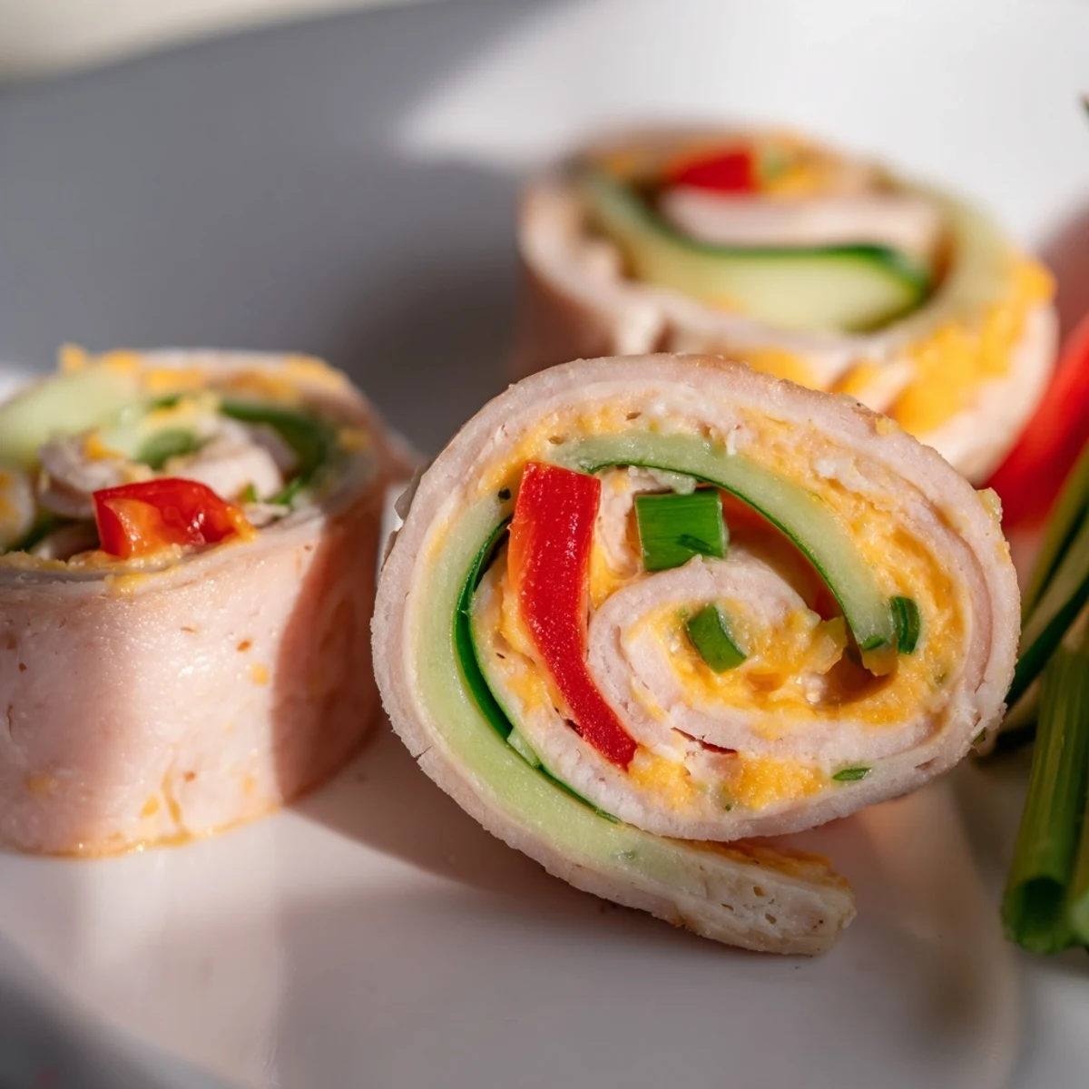 Low-carb keto ham roll ups arranged on serving board, showcasing colorful vegetable fillings and creamy cheese center