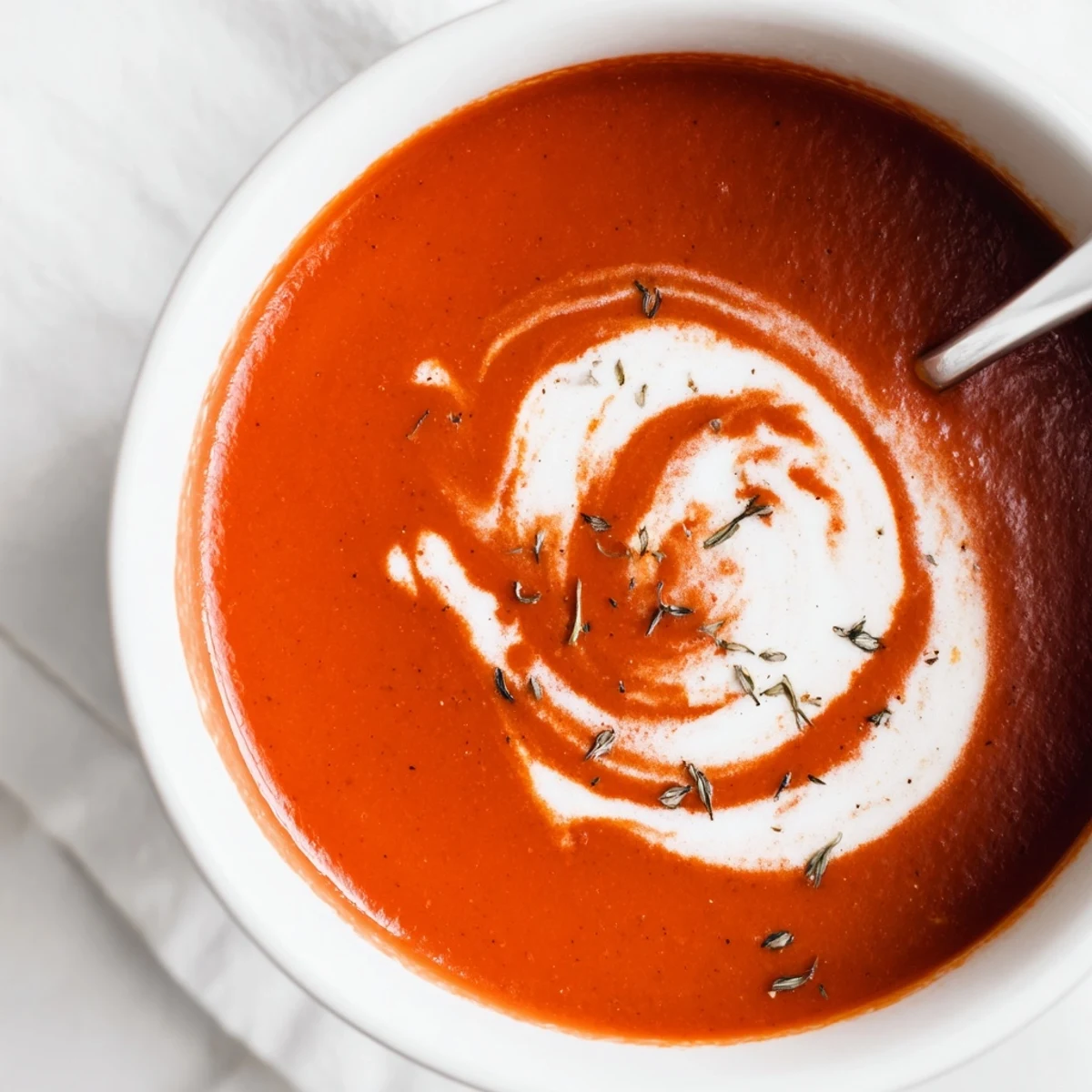Creamy cozy tomato soup bowl garnished with fresh basil and swirled heavy cream