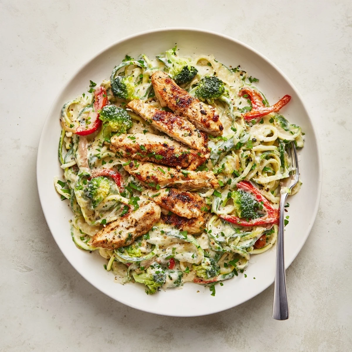 Creamy zucchini noodle chicken Alfredo bowl topped with tender chicken strips and colorful vegetables.