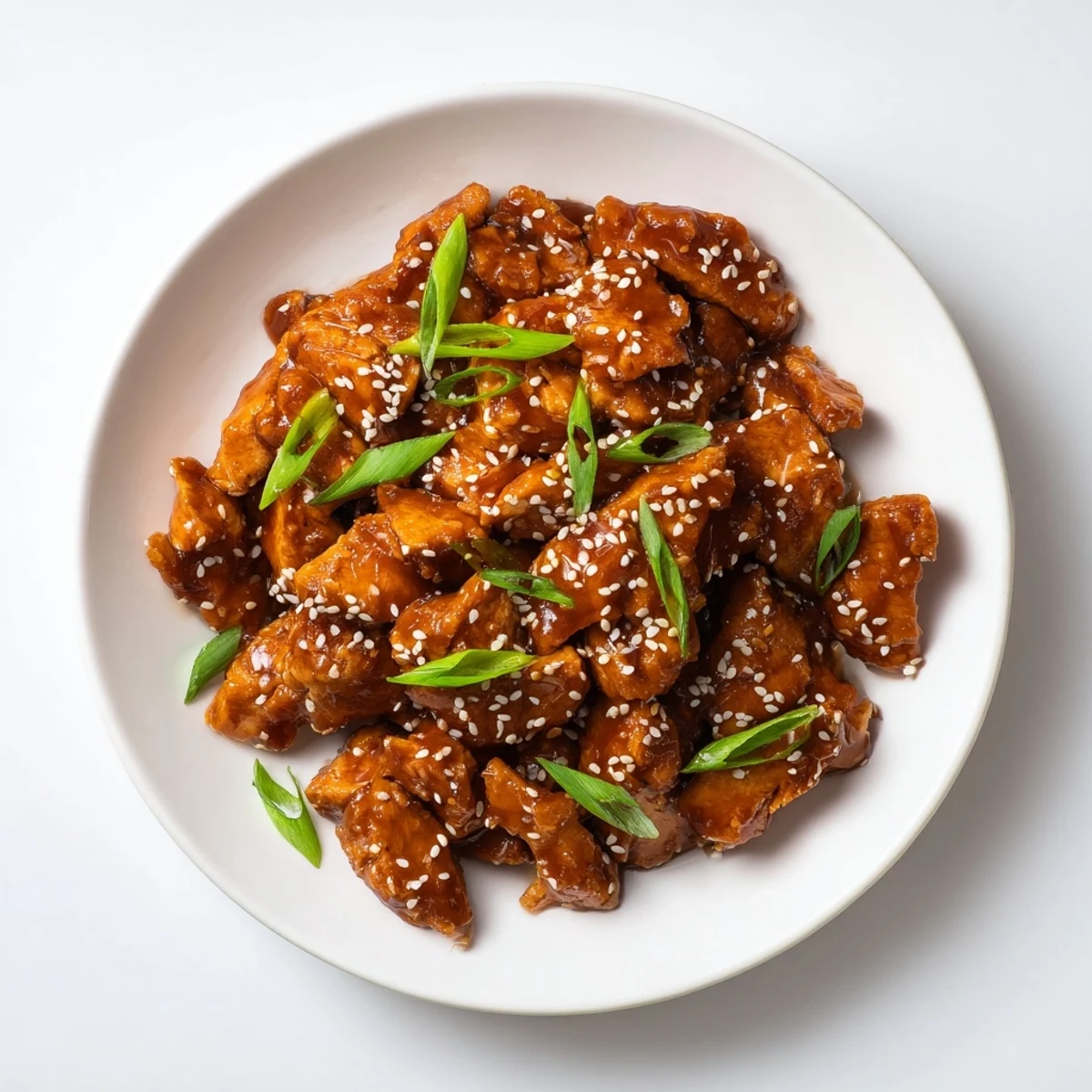 Golden glazed Crock Pot Sesame Chicken with toasted sesame seeds and fresh green onions