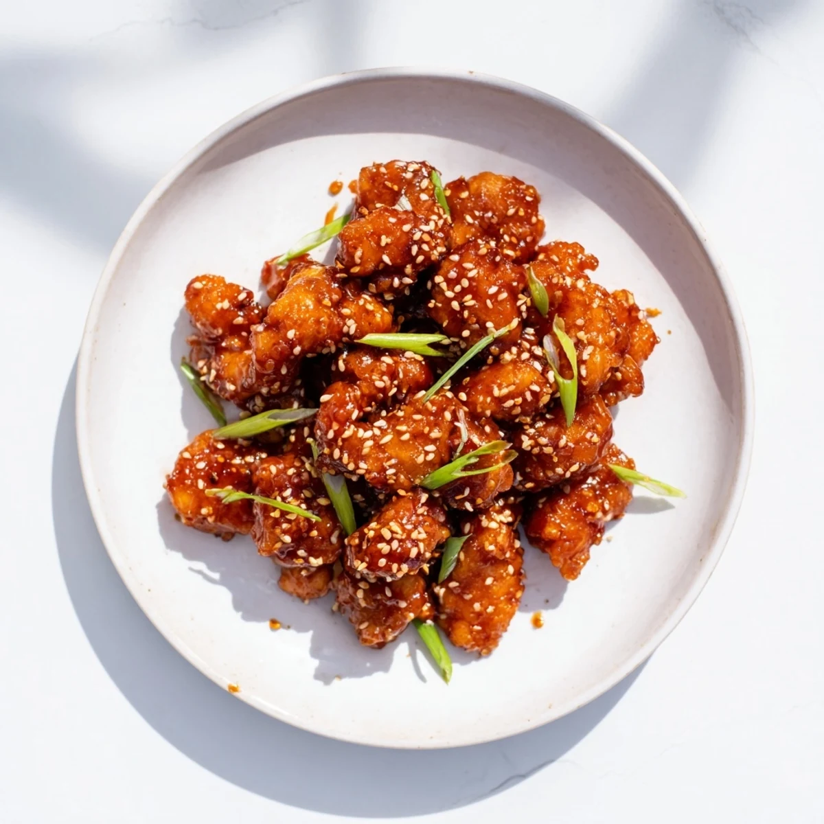Tender shredded chicken pieces coated in thick sticky honey sesame sauce over white rice