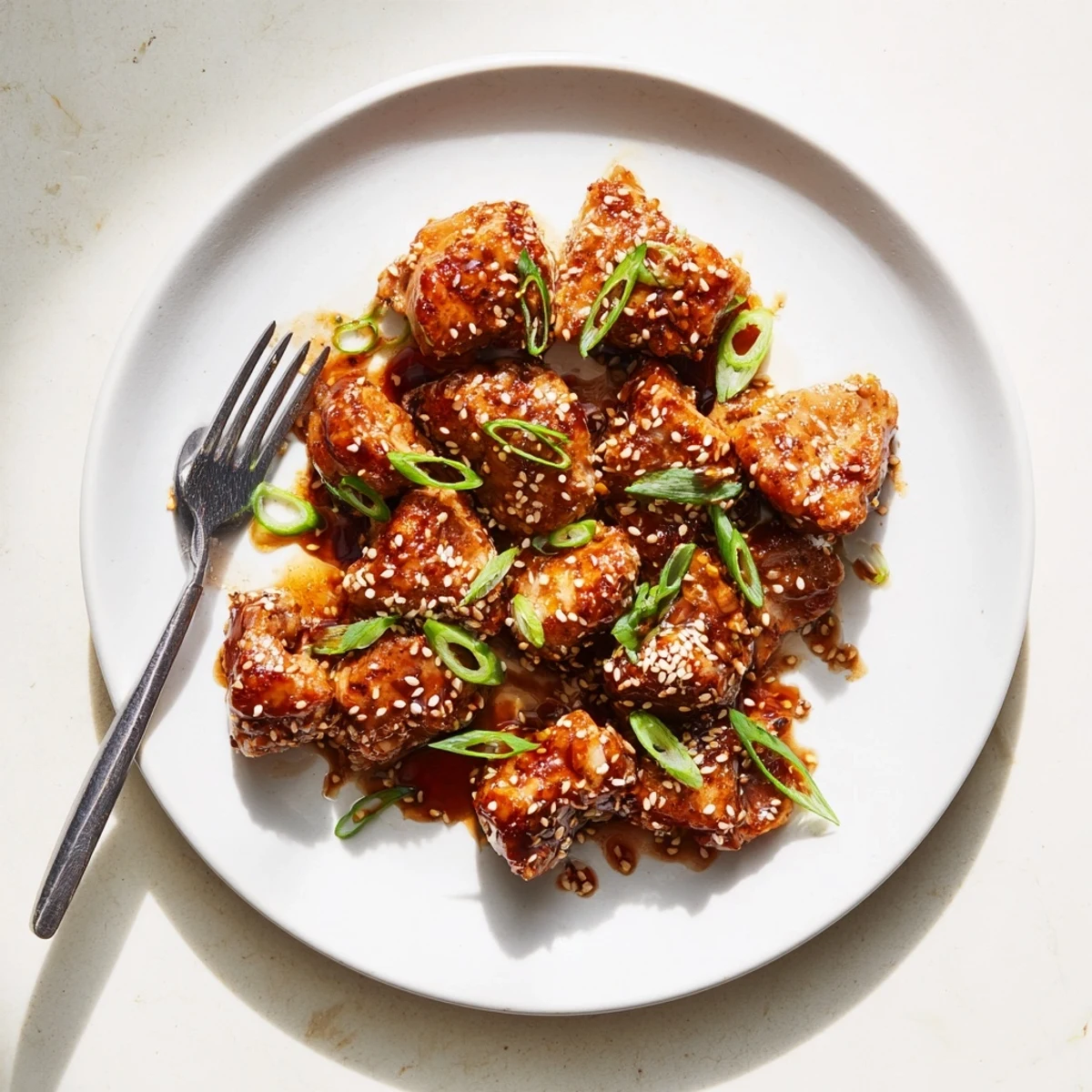 Tender shredded Crock Pot sesame chicken served over white rice with fresh green onion garnish