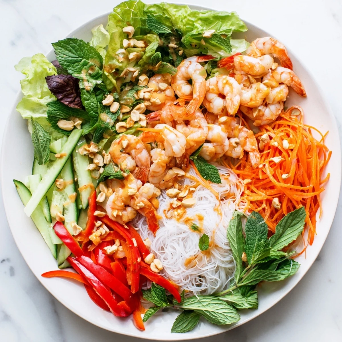 Fresh Asian-style spring roll salad featuring tender shrimp, rice noodles, and vibrant herbs in zesty dressing