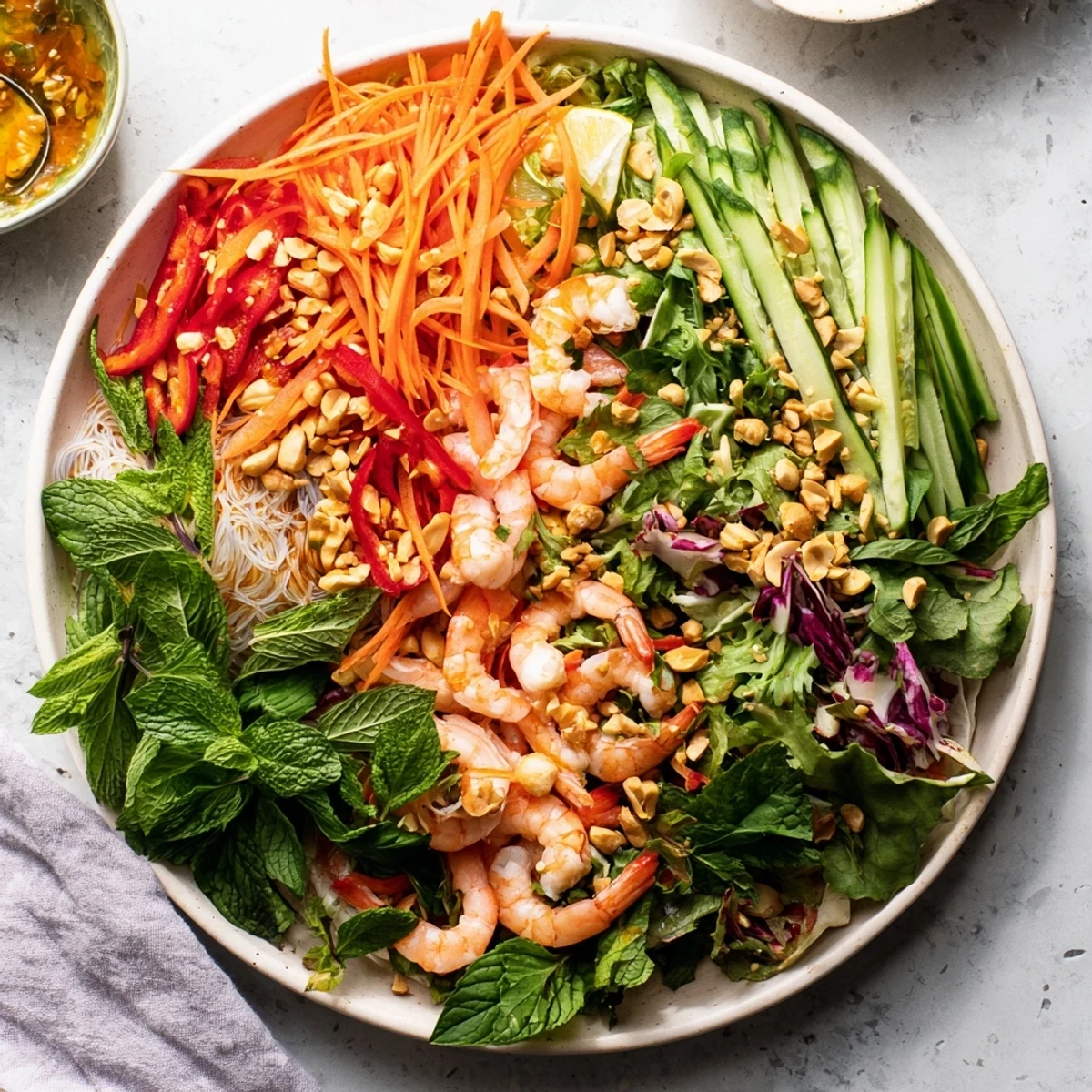 Colorful spring roll salad bowl with crisp vegetables, shrimp, and spicy ginger dressing drizzled on top