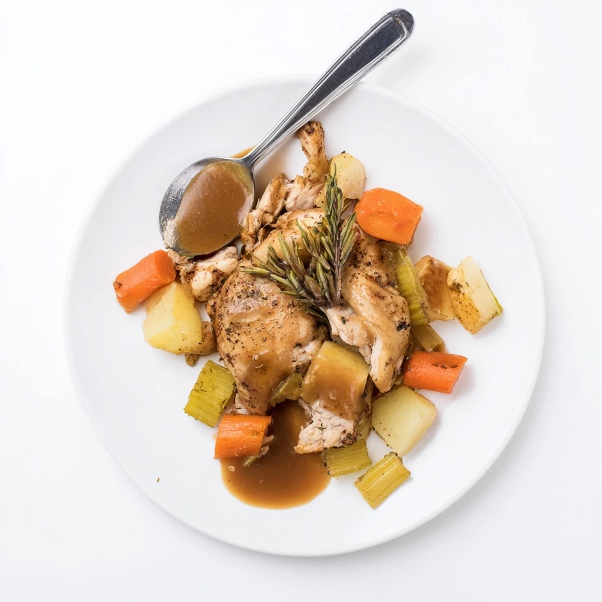 Golden whole chicken surrounded by tender carrots potatoes and celery in a rich savory crockpot chicken pot roast