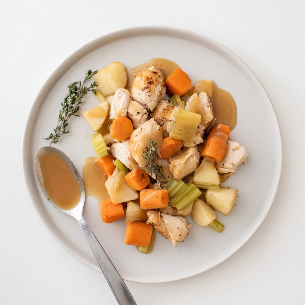Herb-roasted whole slow cooker chicken pot roast nestled with chunky vegetables and flavorful dark gravy for dinner