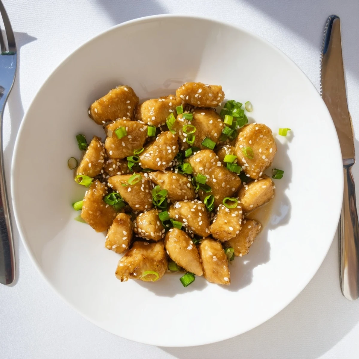 Golden brown honey garlic chicken pieces glazed in sticky sweet sauce with sesame seeds