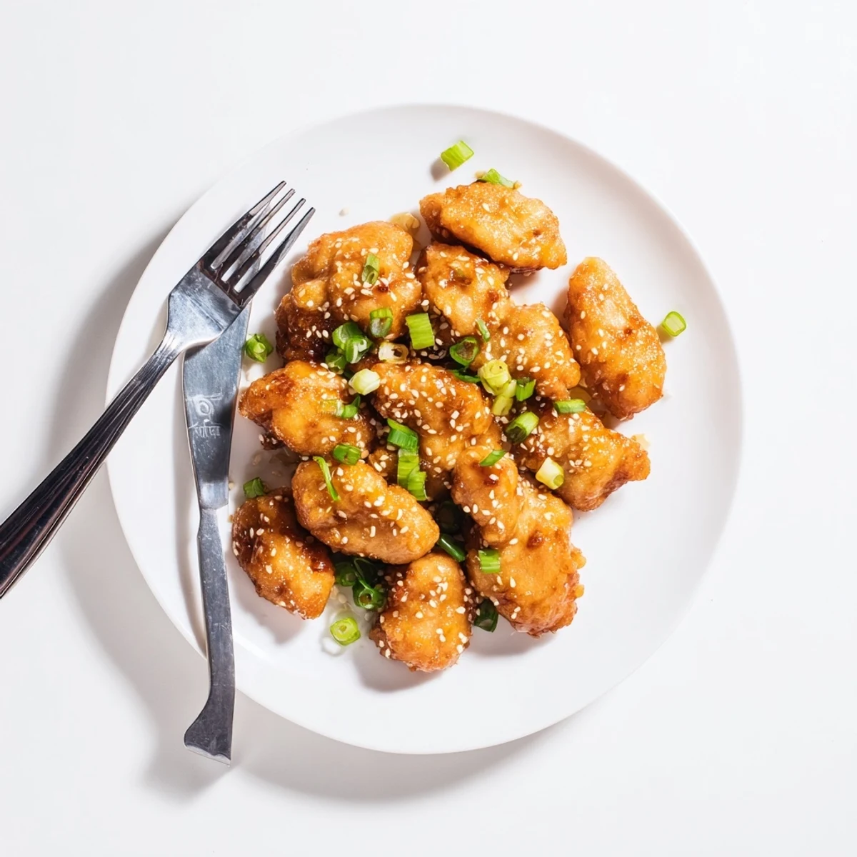 Asian-style honey garlic chicken with green onion garnish on a white serving plate