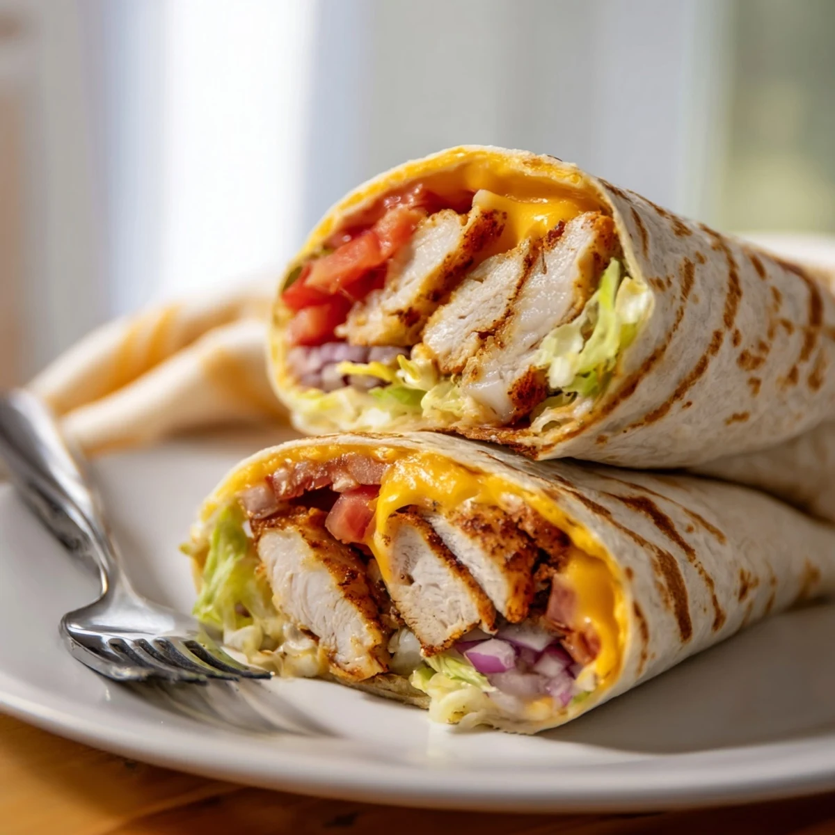 Soft flour tortilla wrapped around seasoned garlic chicken breast with melted mozzarella cheddar and fresh crisp lettuce