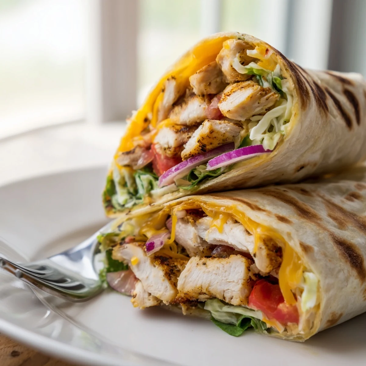 Golden cheesy garlic chicken wraps sliced open revealing melted cheese colorful vegetables and seasoned chicken strips