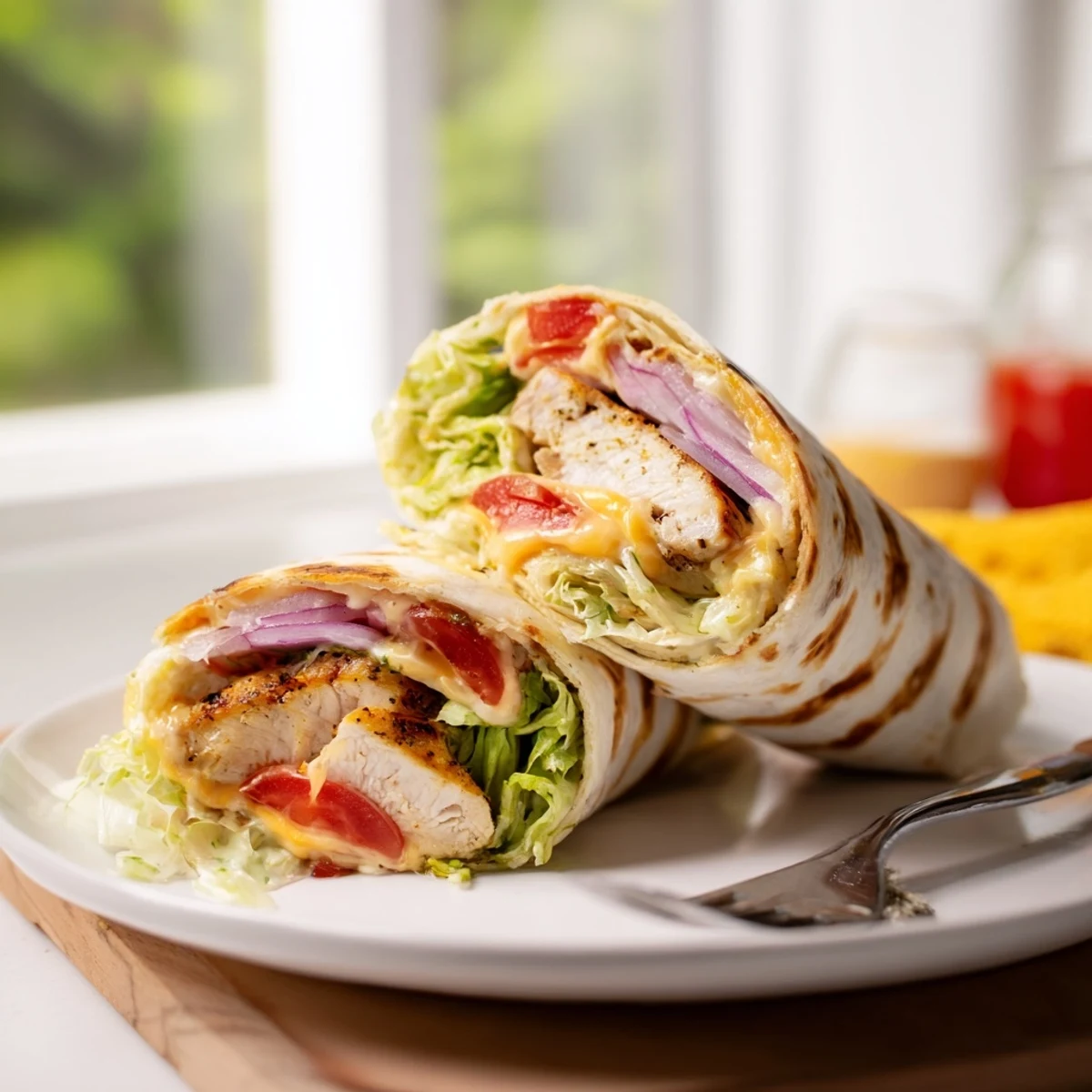 Delicious homemade cheesy garlic chicken wraps served on a white plate with red tomato and vibrant green filling