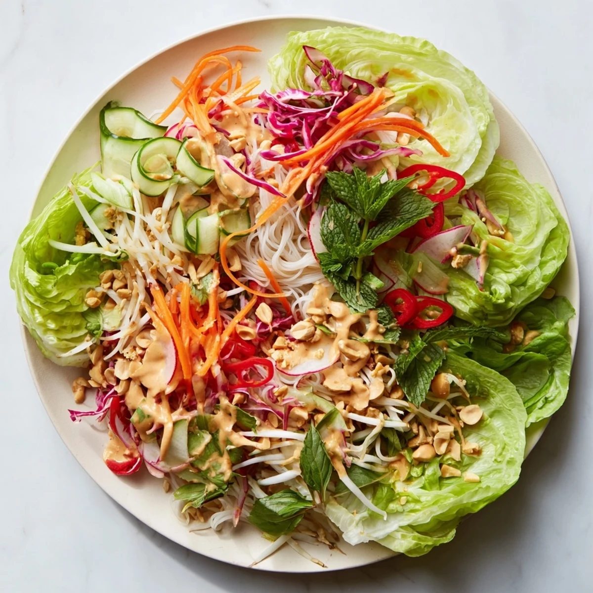 Colorful spring roll salad with peanut dressing featuring crisp julienned vegetables and rice noodles