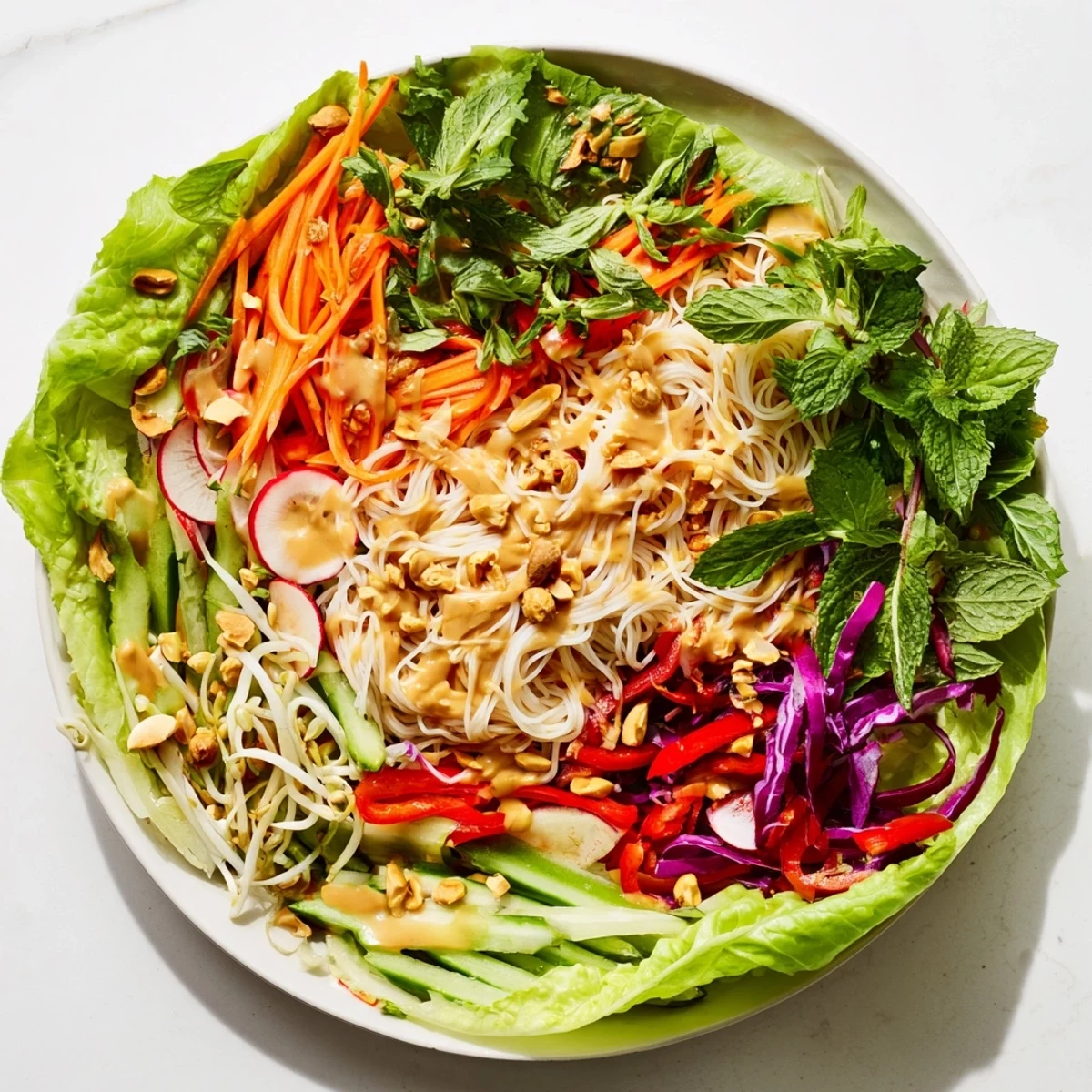 Fresh spring roll salad bowl drizzled with creamy peanut dressing and topped with crushed roasted peanuts