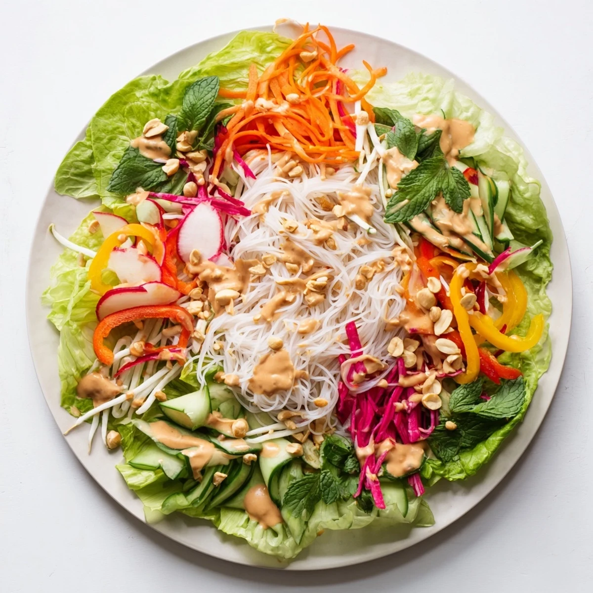 Vibrant Vietnamese-style spring roll salad with peanut dressing arranged on butter lettuce with fresh herb garnish