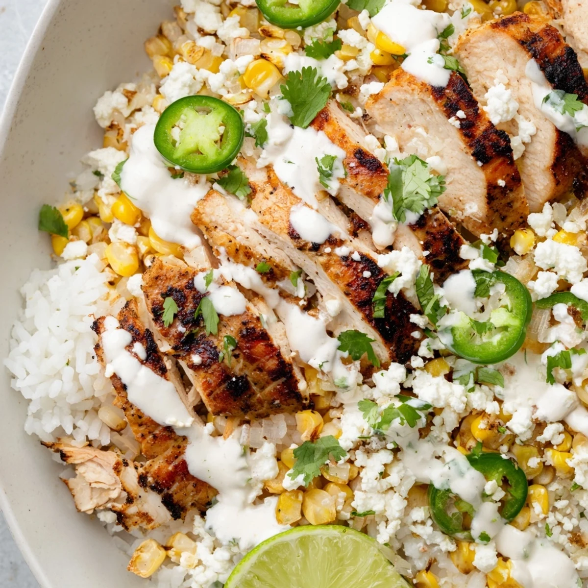 Close up of Mexican inspired street corn chicken rice bowl with zesty crema jalapeño slices and lime wedge garnish