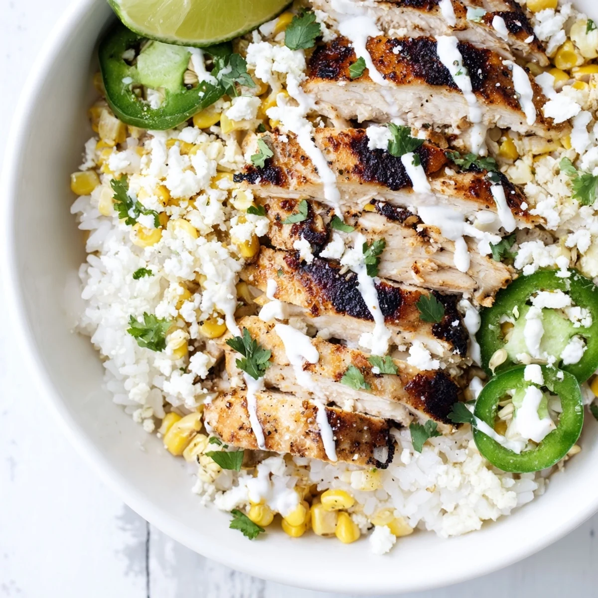 Vibrant street corn chicken rice bowl featuring spiced chicken slices sweet corn crumbles cotija cheese and fresh cilantro
