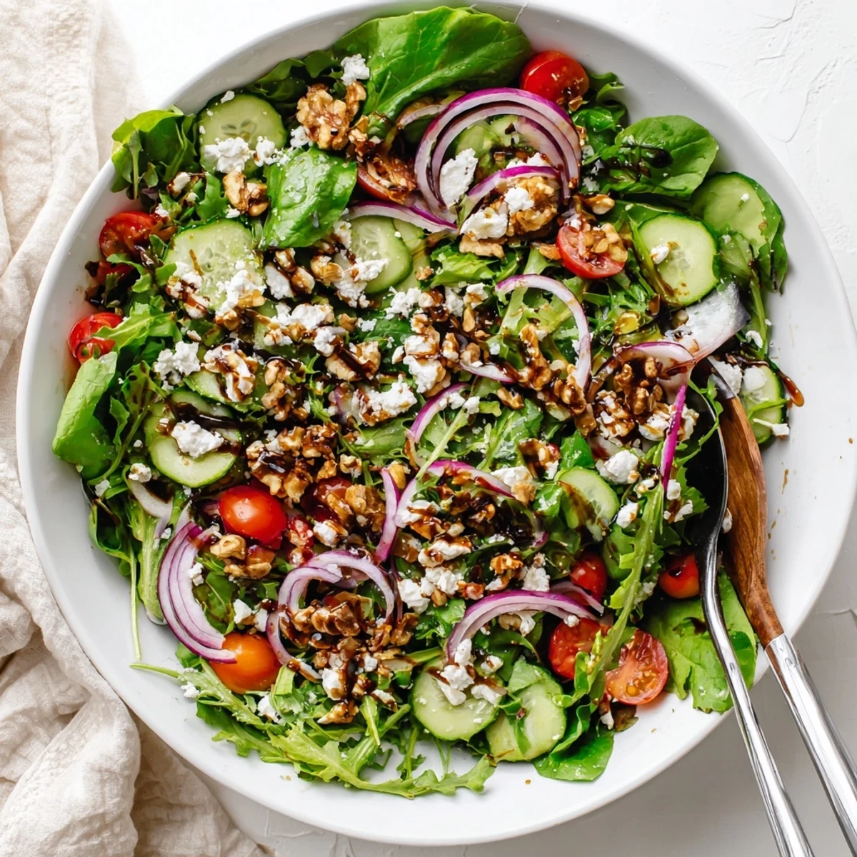 Colorful spring mix salad drizzled with sweet balsamic honey dressing and topped with cherry tomatoes, cucumber, and red onion.