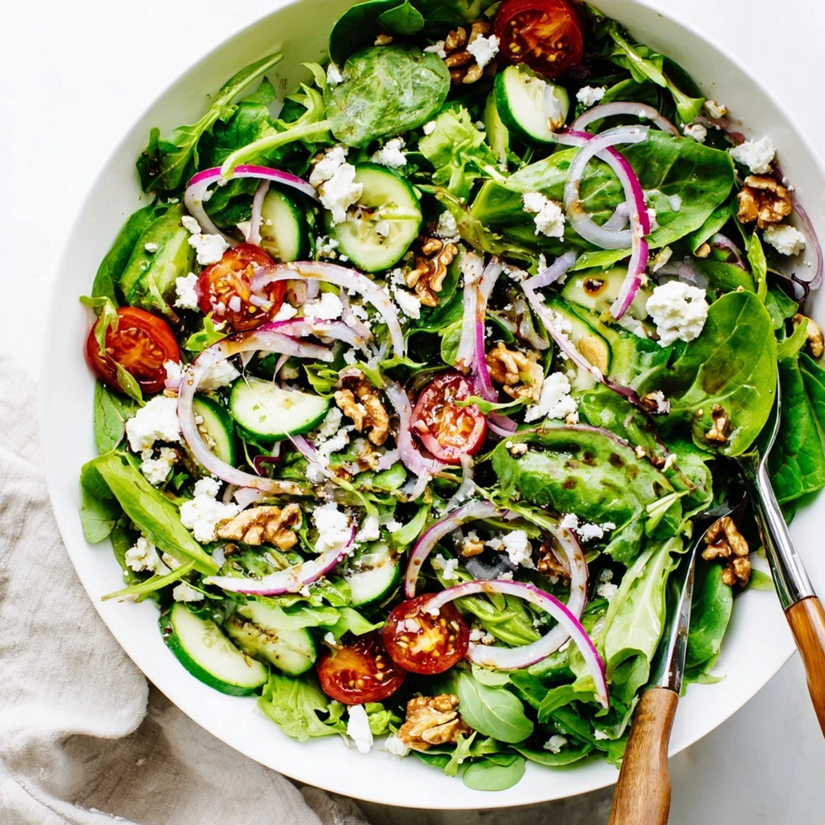 Vibrant spring mix salad with honey balsamic dressing served on rustic wooden board with walnuts and fresh vegetables.