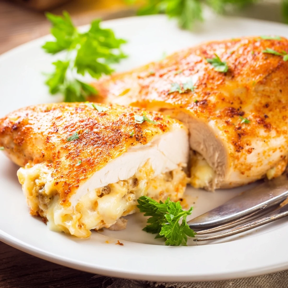 Golden brown Ruths Chris stuffed chicken breast oozing with melted three-cheese herb filling