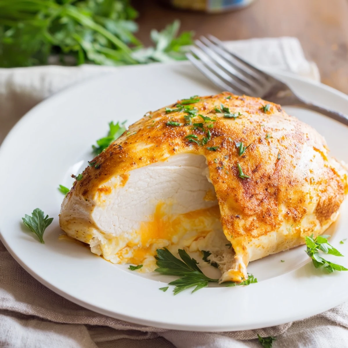 Restaurant-style Ruths Chris stuffed chicken breast with golden crust and savory cheese center