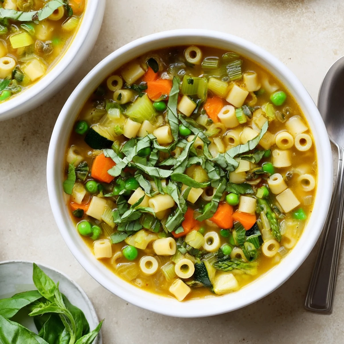 Golden bowl of spring minestrone soup brimming with tender asparagus, zucchini, peas, and delicate pasta in aromatic vegetable broth