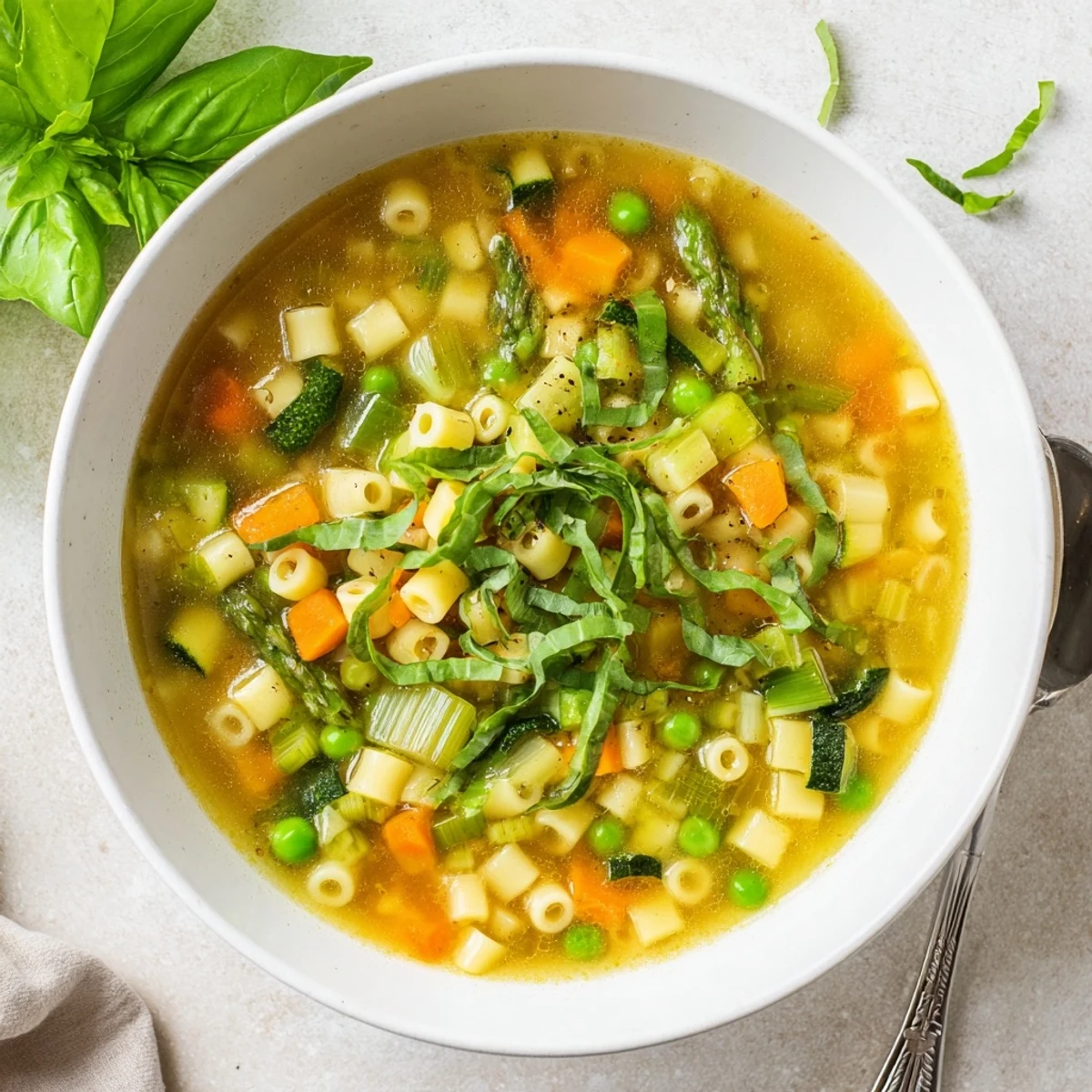 Creamy spring minestrone soup featuring fresh green vegetables, ditalini pasta, and bright herbs garnished with grated Parmesan cheese
