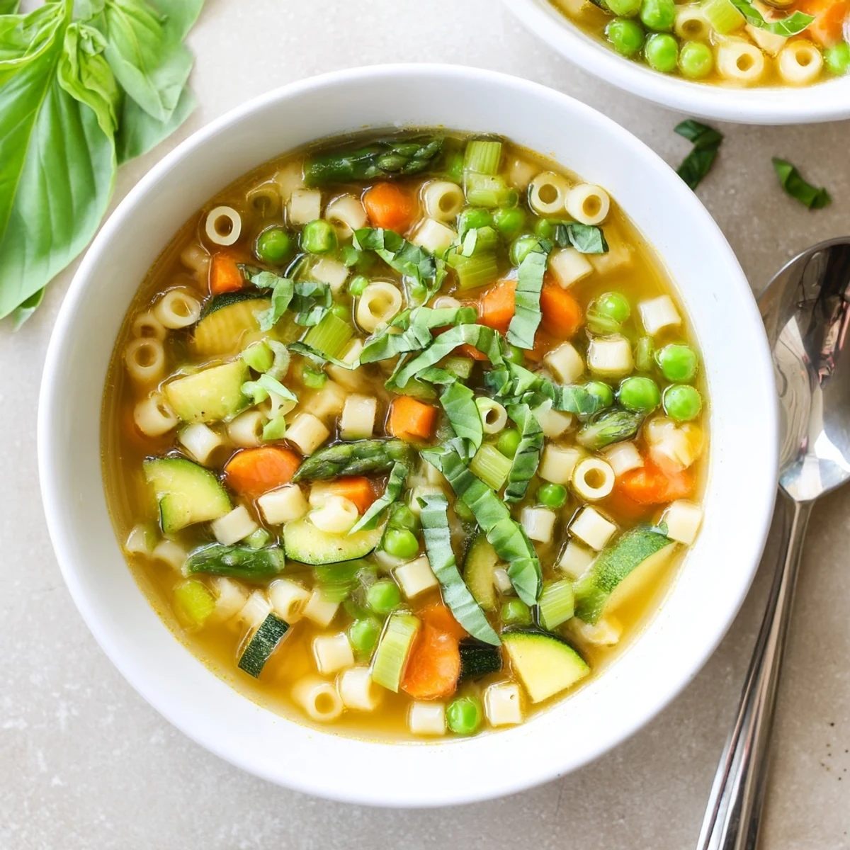 Vibrant spring minestrone soup with seasonal asparagus, carrots, spinach, and baby peas swimming in light tomato-vegetable broth