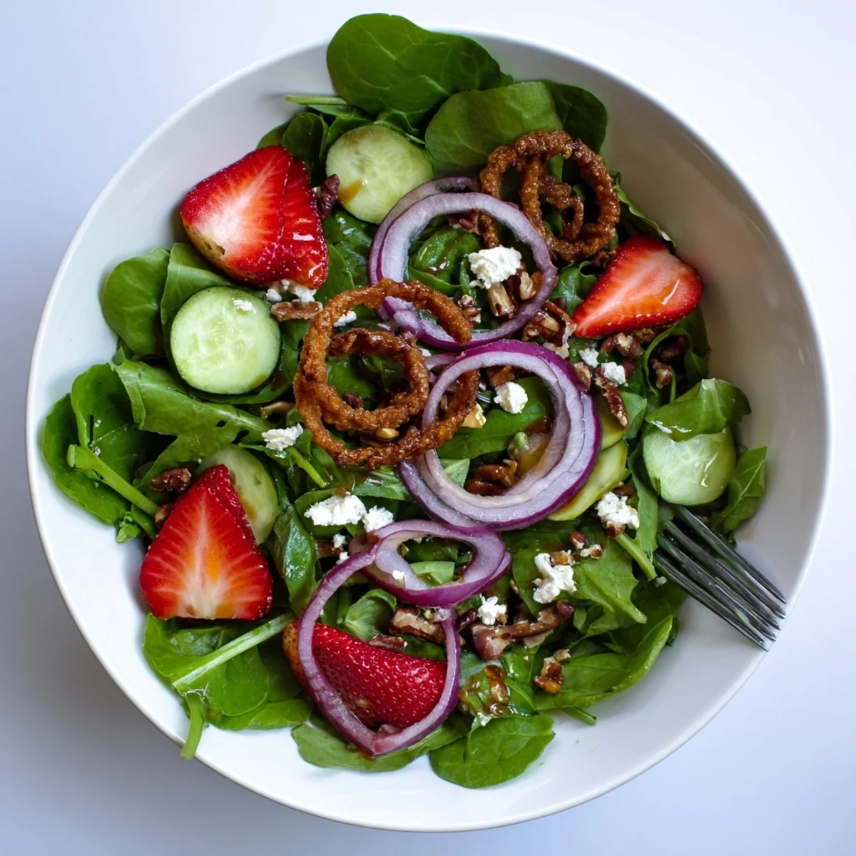 Fresh strawberry crunch salad with juicy berries, toasted pecans, and crisp fried onions atop mixed greens