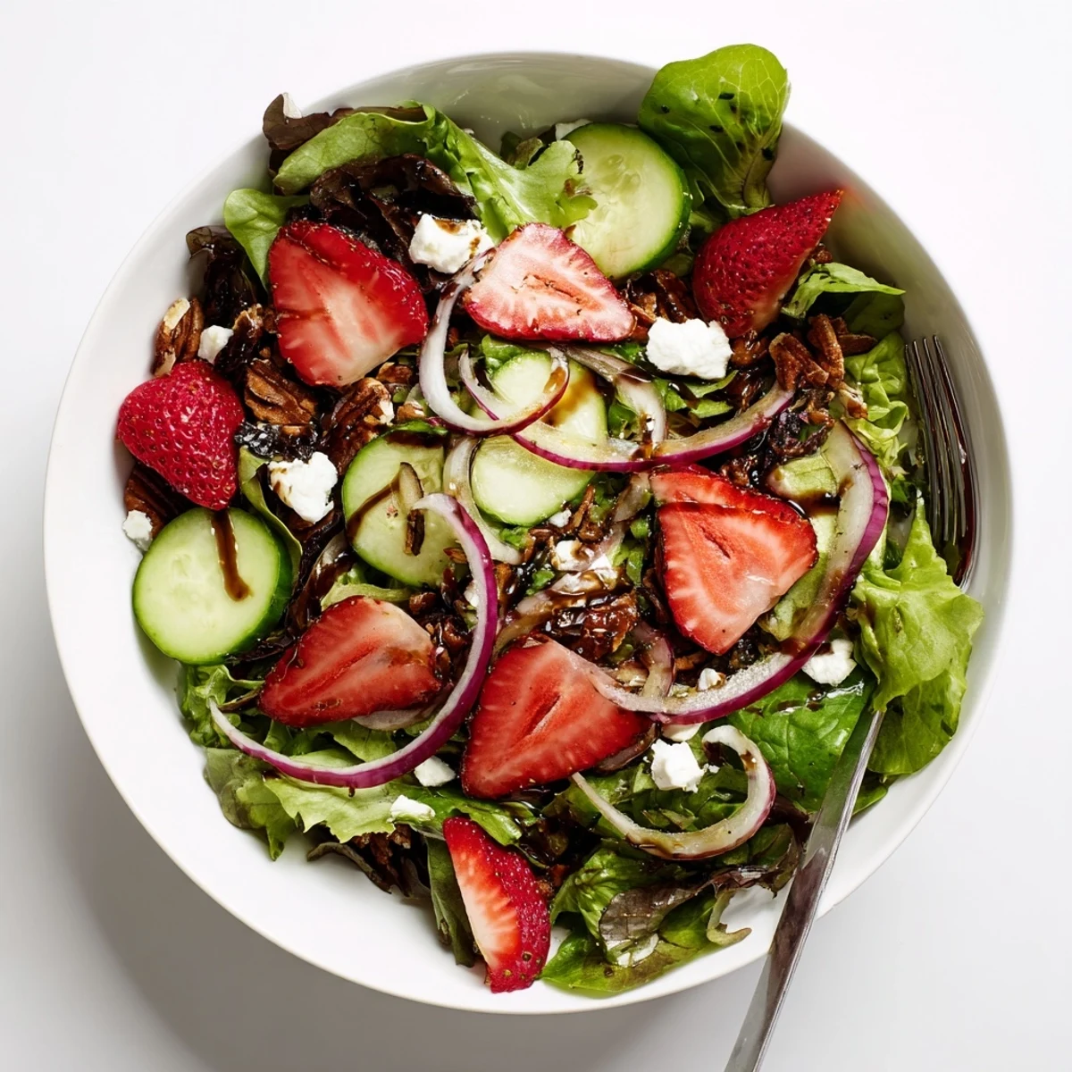 Vibrant summer strawberry crunch salad dressed with balsamic honey and topped with toasted nuts and crispy onions