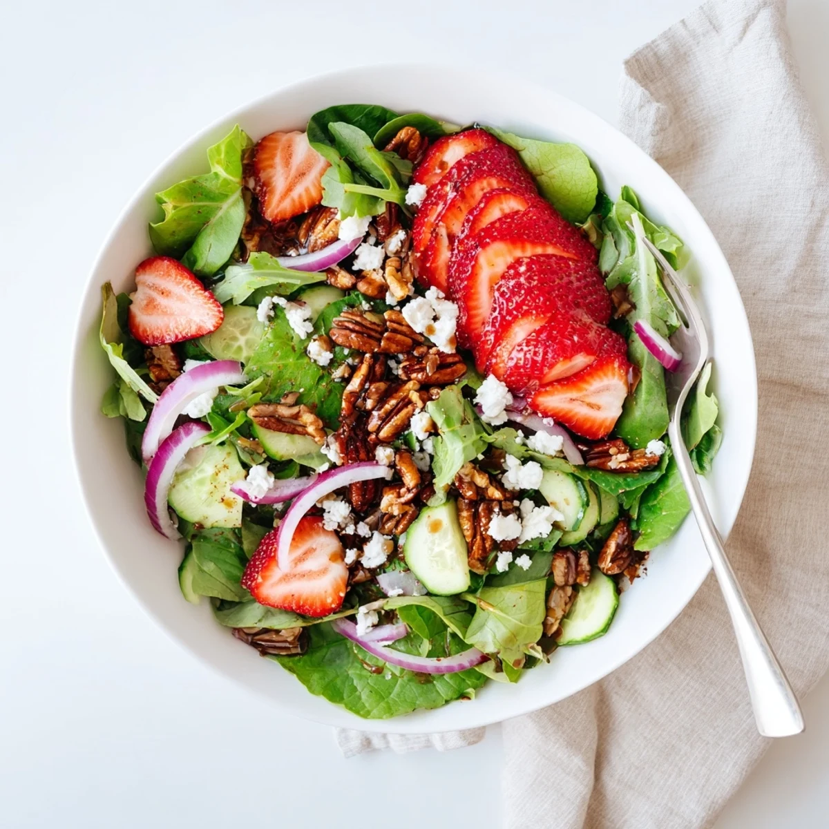 Colorful bowl of strawberry crunch salad featuring sliced strawberries, cucumber, feta, and crunchy pretzel topping