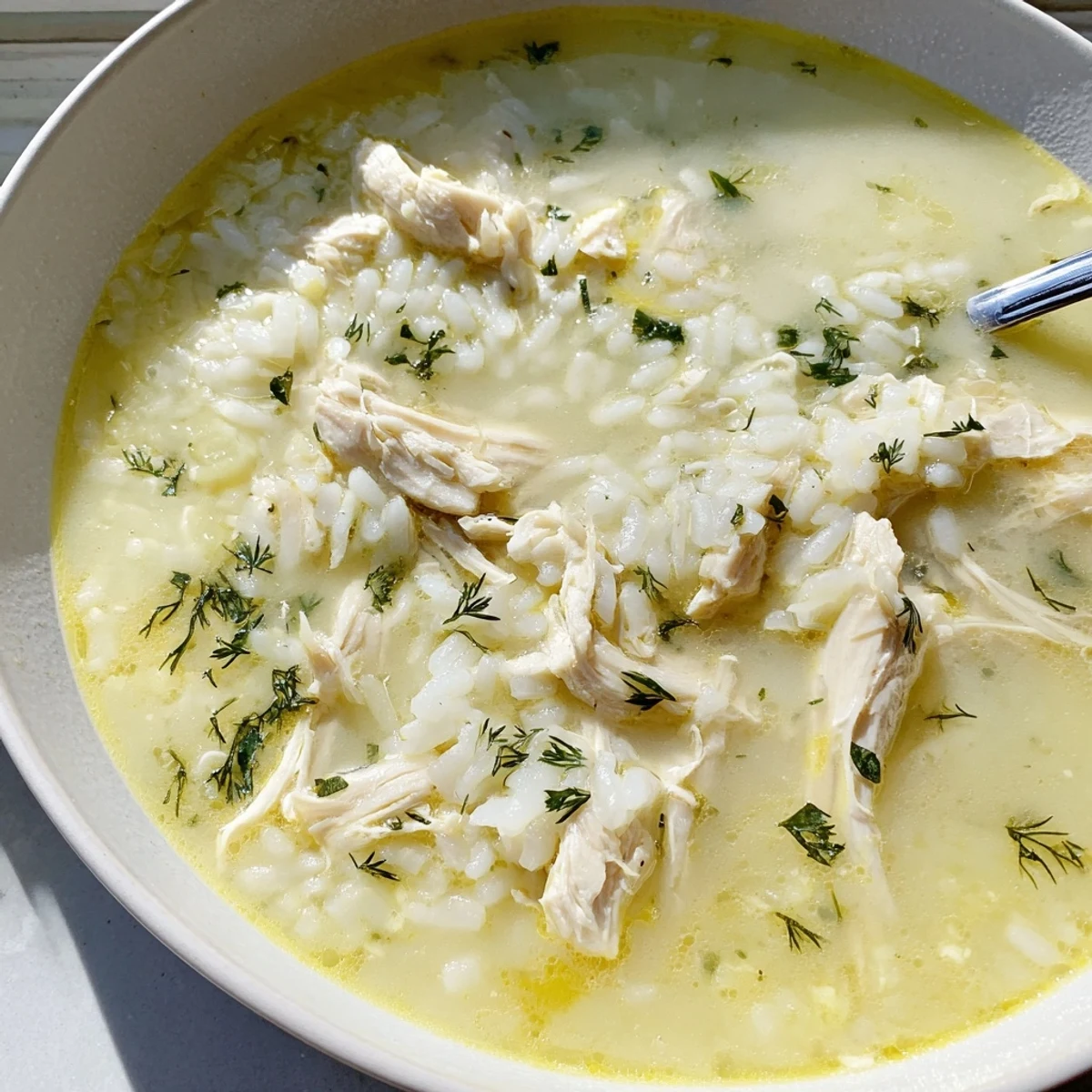 Creamy Avgolemono Greek Lemon Chicken Soup with tender shredded chicken pieces and fluffy white rice in a bright yellow lemon-egg broth garnished with fresh dill