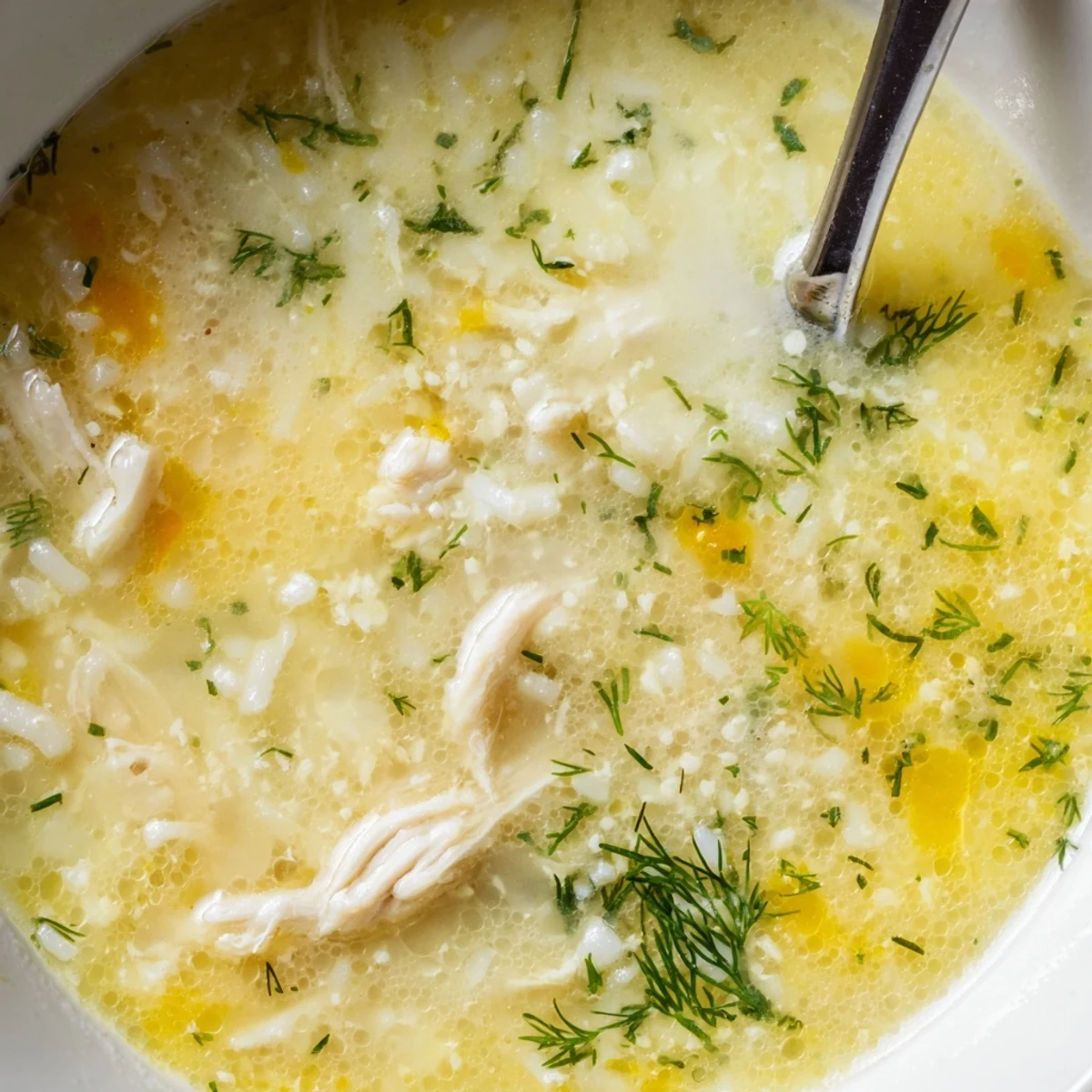 Steaming bowl of Avgolemono Greek Lemon Chicken Soup featuring silky broth and succulent chicken, topped with vibrant green herbs and served with crusty bread