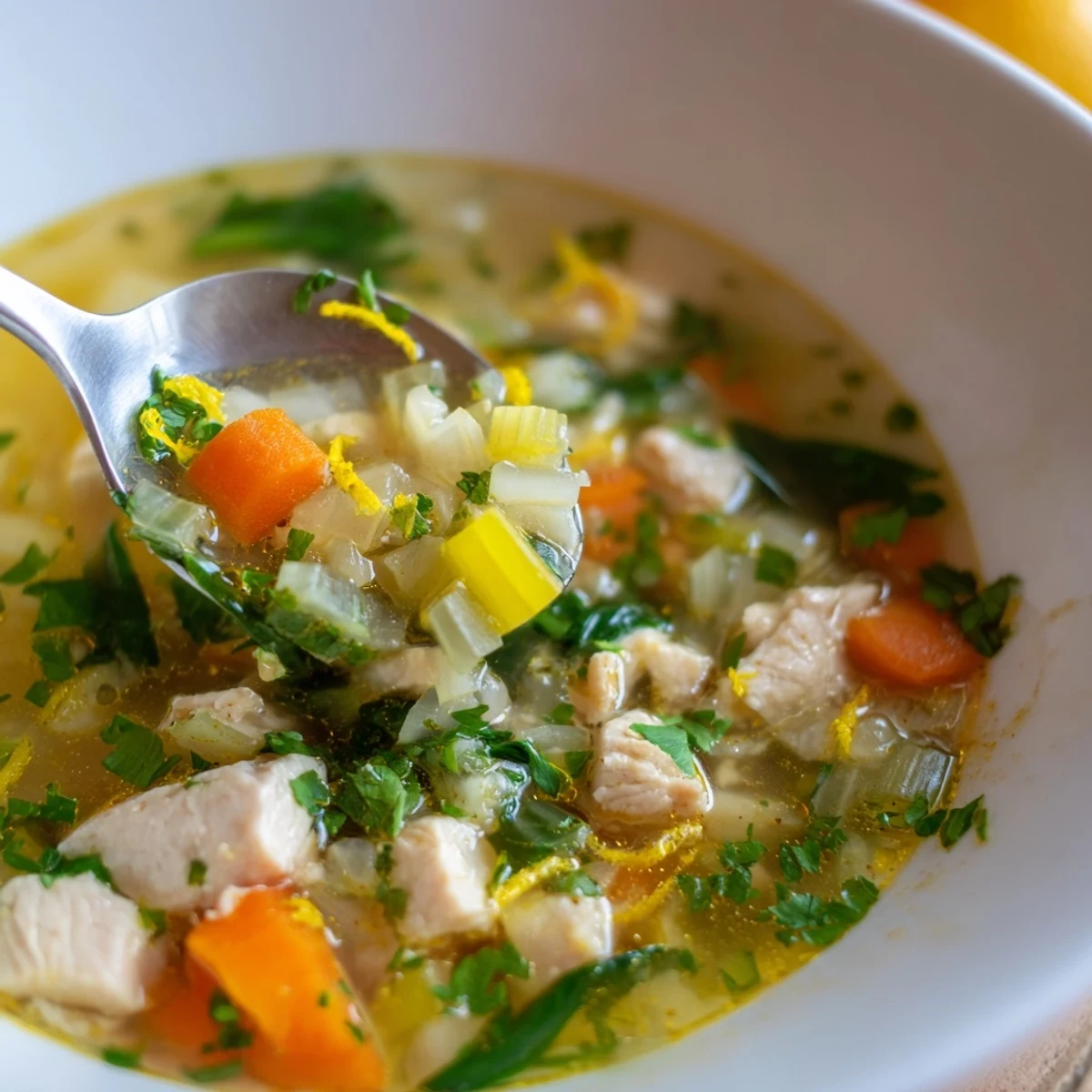 Golden bowl of Mediterranean lemon herb chicken soup with tender vegetables and fresh spinach garnish