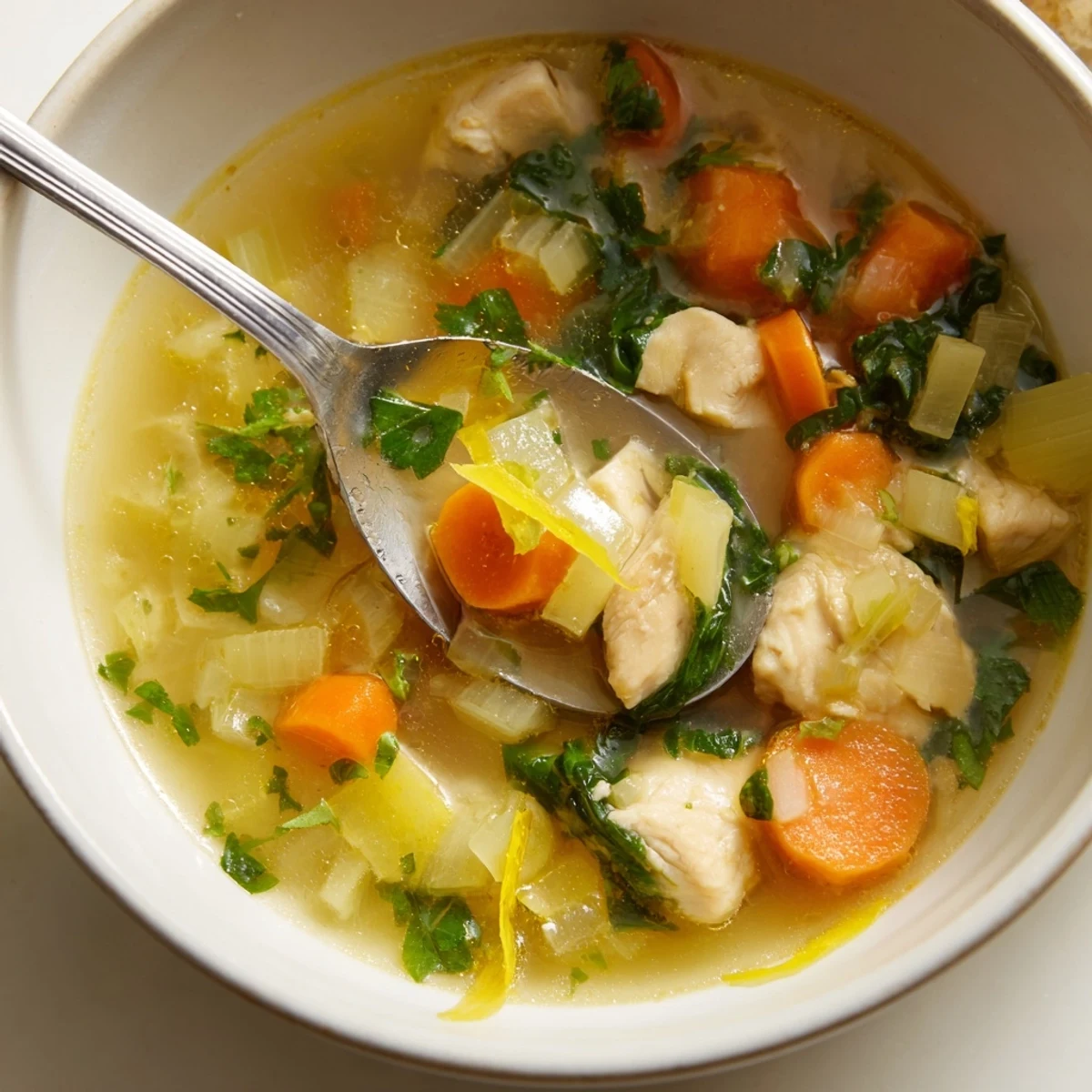 Rustic Mediterranean lemon herb chicken soup in white bowl topped with fresh parsley and lemon zest