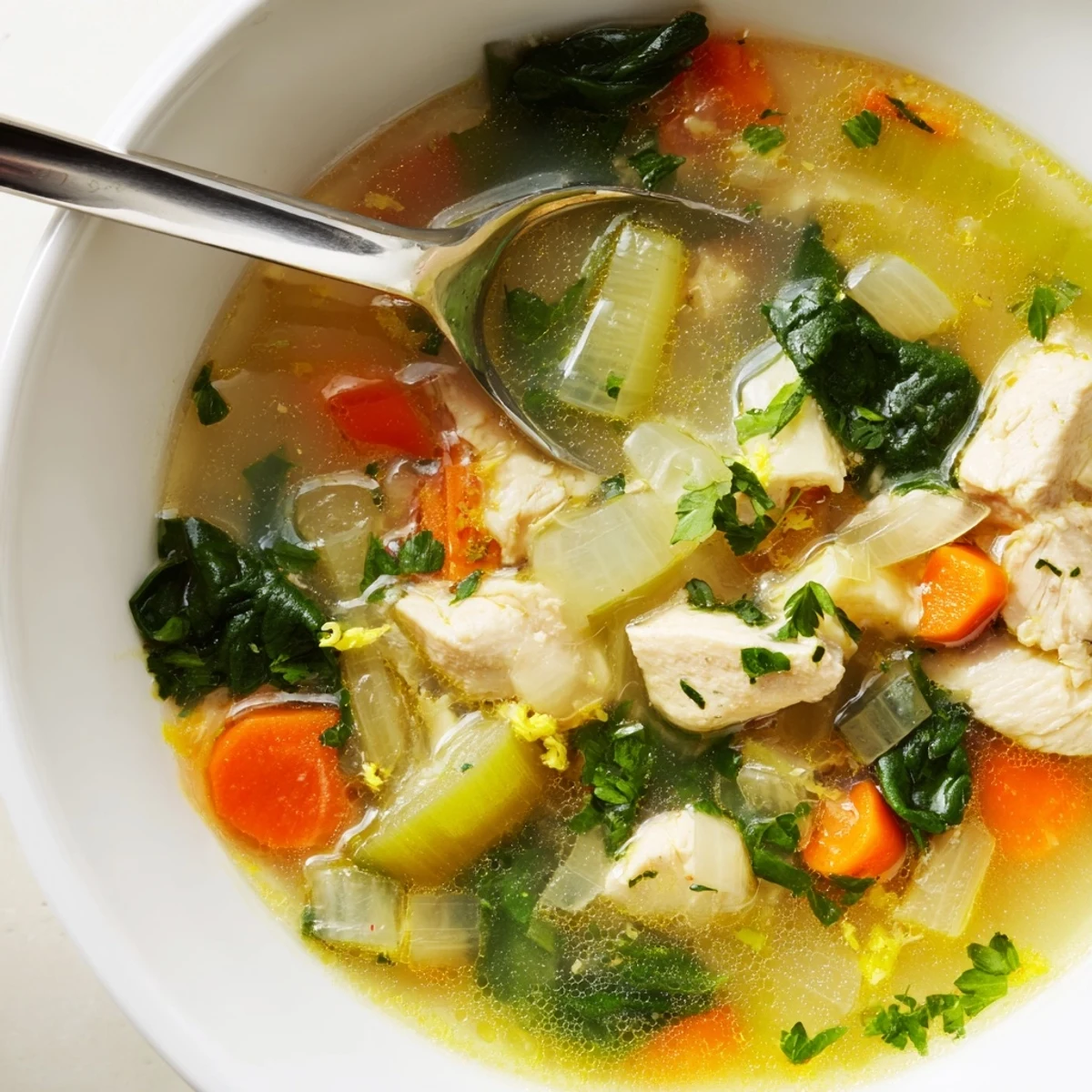 Steaming Mediterranean lemon herb chicken soup featuring chunks of chicken, carrots, and celery in aromatic broth