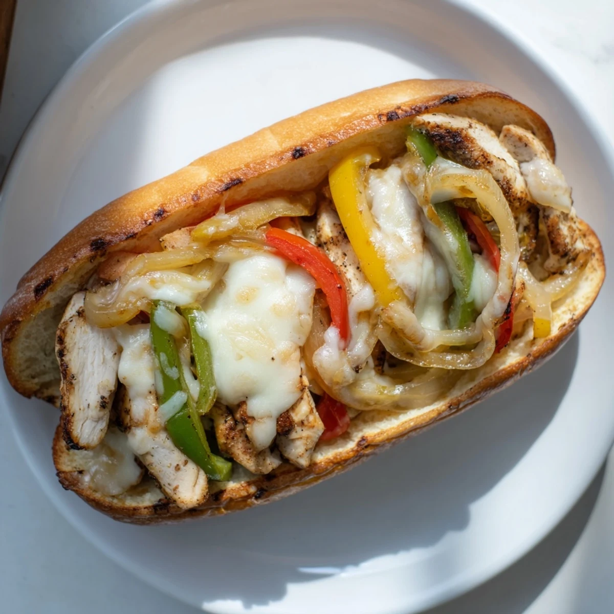 Toasted hoagie roll piled with seasoned chicken, sautéed peppers, onions, and melted provolone cheese