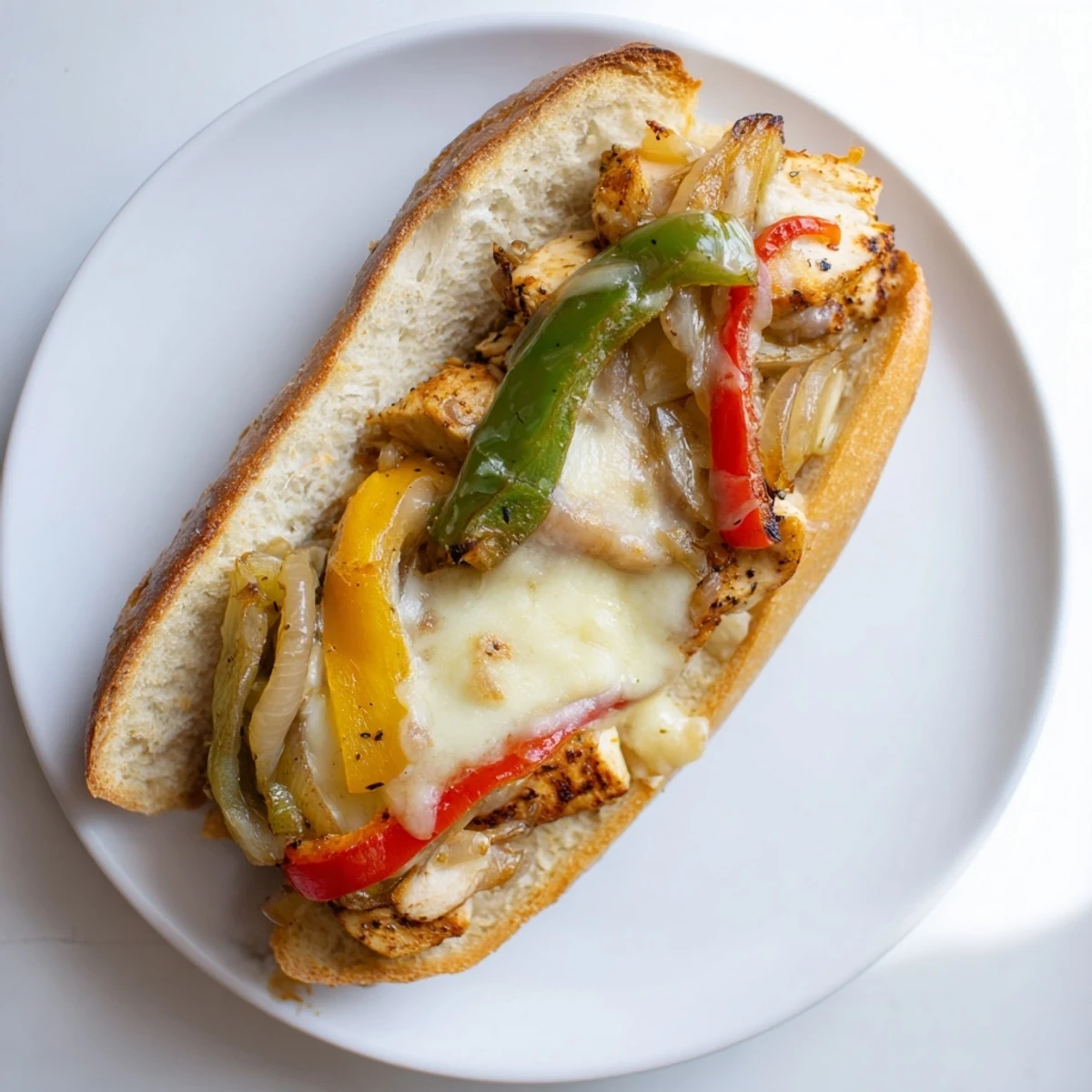 Ultimate chicken cheese steak sandwich with juicy meat, colorful vegetables, and gooey cheese on golden bread