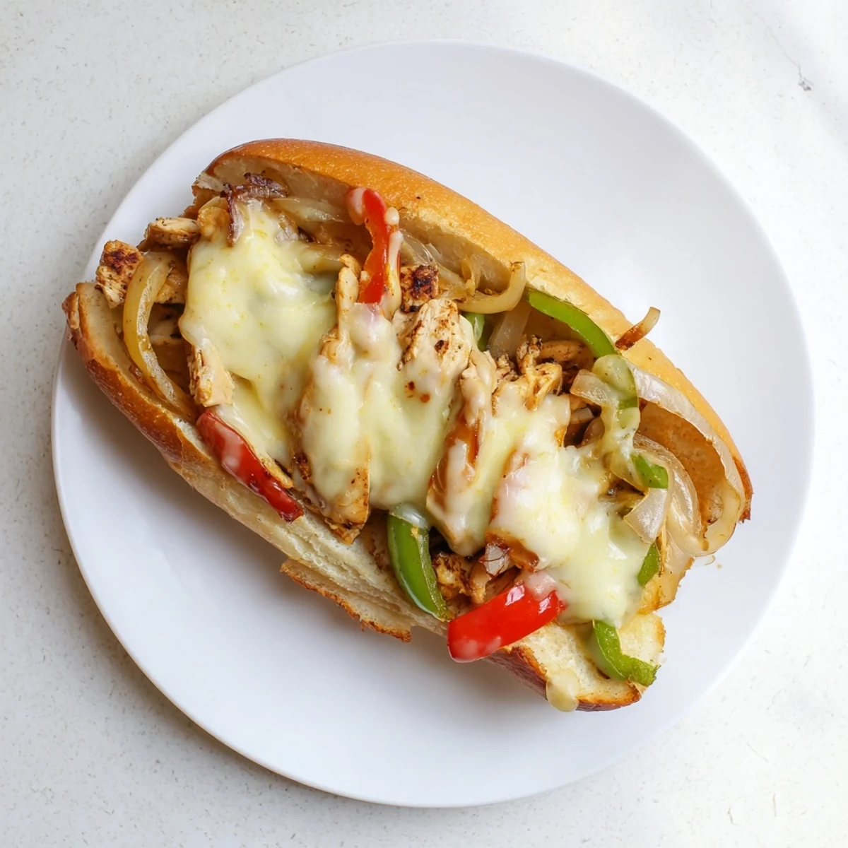 Sliced chicken breast with caramelized peppers and onions topped with bubbly provolone in a toasted sub roll